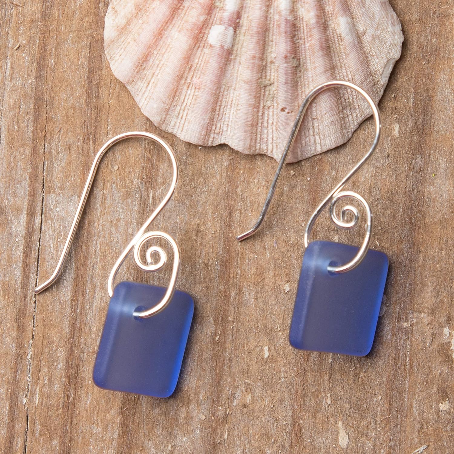 French Curve Sea Glass Earrings - Sterling Drop Beach Earrings for Women by EcoSeaCo, using sustainable, recycled and repurposed material. Handmade Jewelry in the USA - Image 2