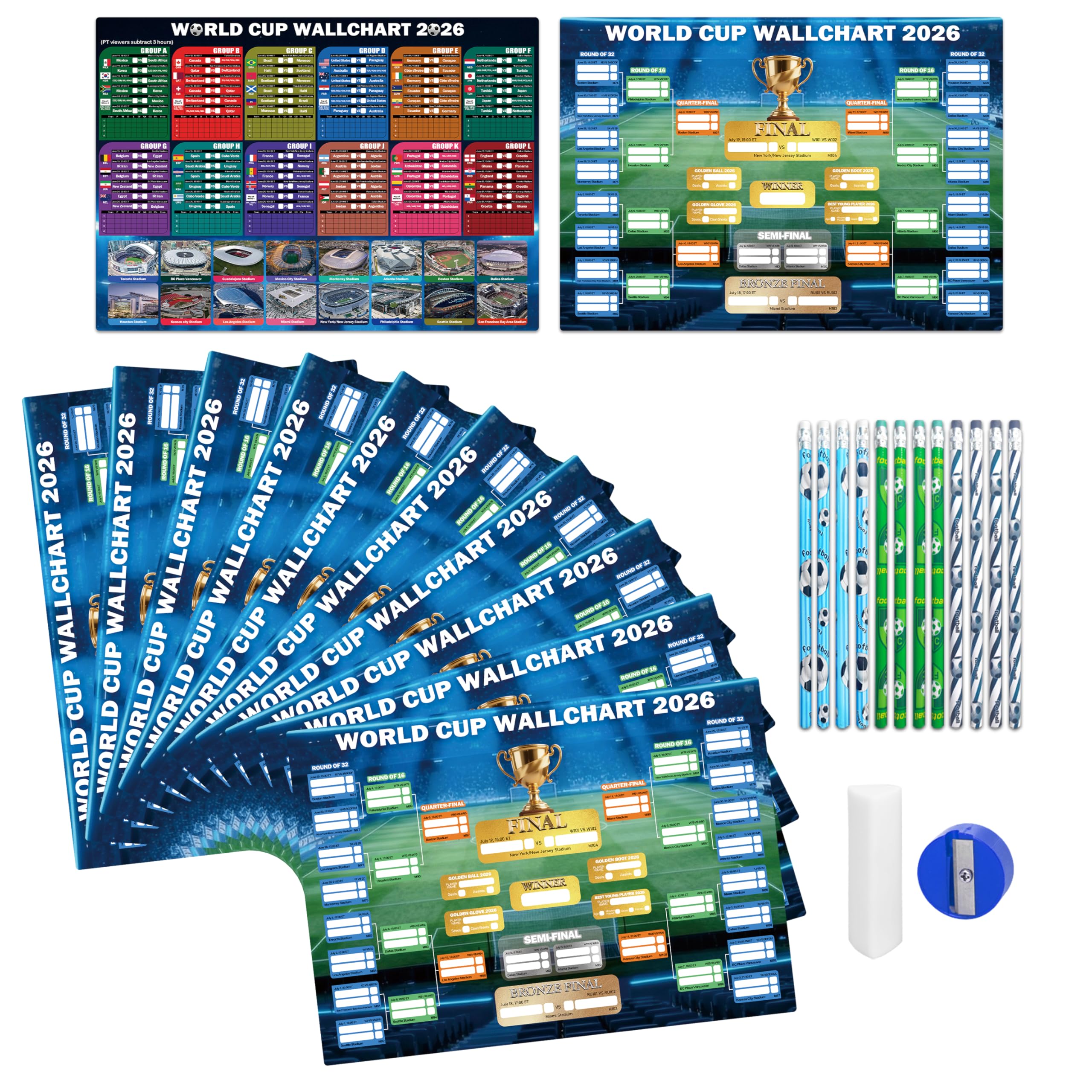 Photo 1 of 10pcs 2026 World Cup Soccer Wall Chart Set, 10 Pack Double-Sided Tournament Schedule Posters with 12 Soccer Pencils, Eraser and Sharpener, Group Stage Tracker and Knockout Bracket for Party, Bar, Home Viewing