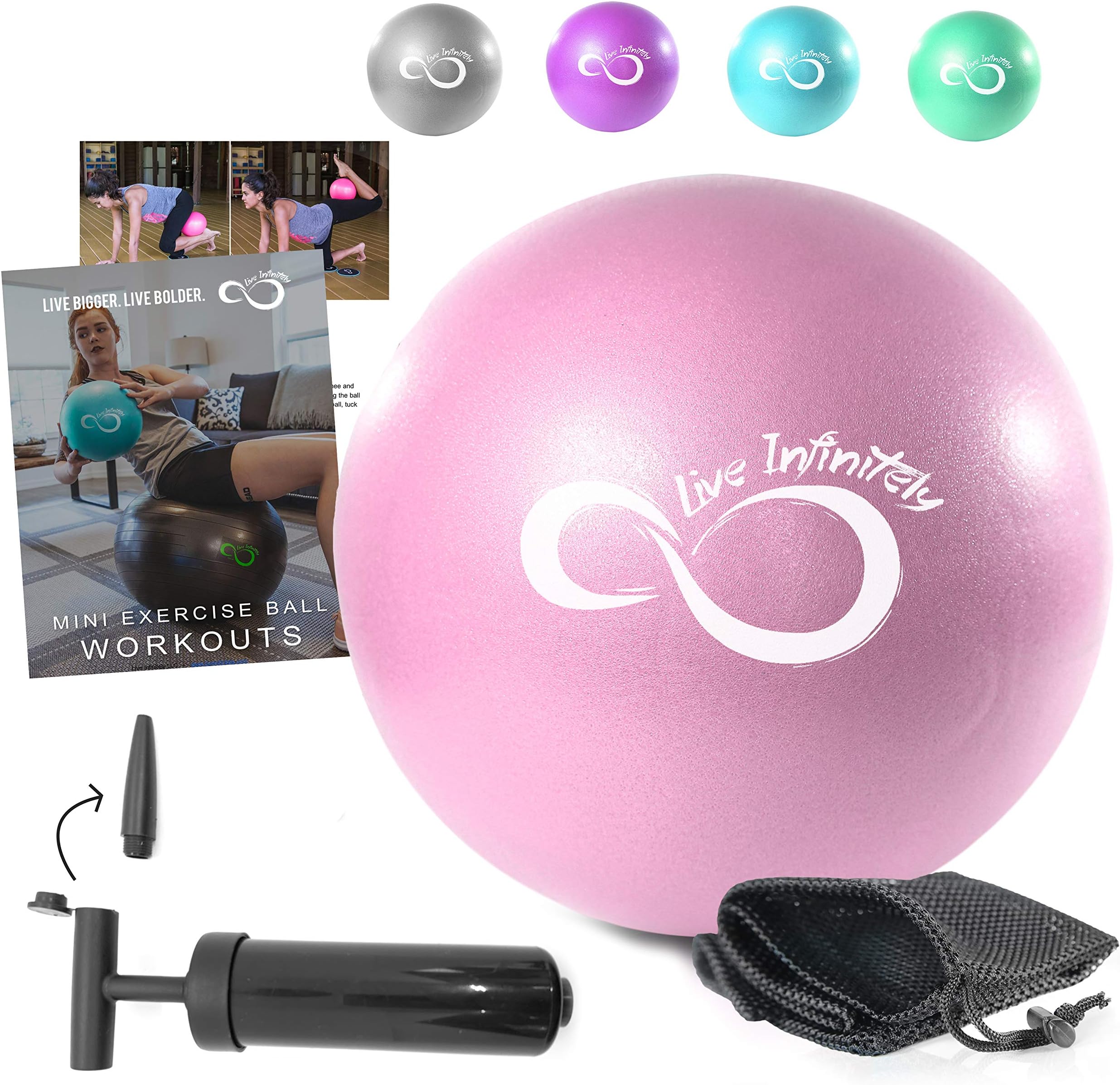 Live Infinitely 9 Inch Barre Pilates Ball & Hand Pump– Anti Burst Mini Ball & Digital Workout eBook Included for Yoga, Exercise, Balance & Stability Training – Comes with Mesh Carrying Bag