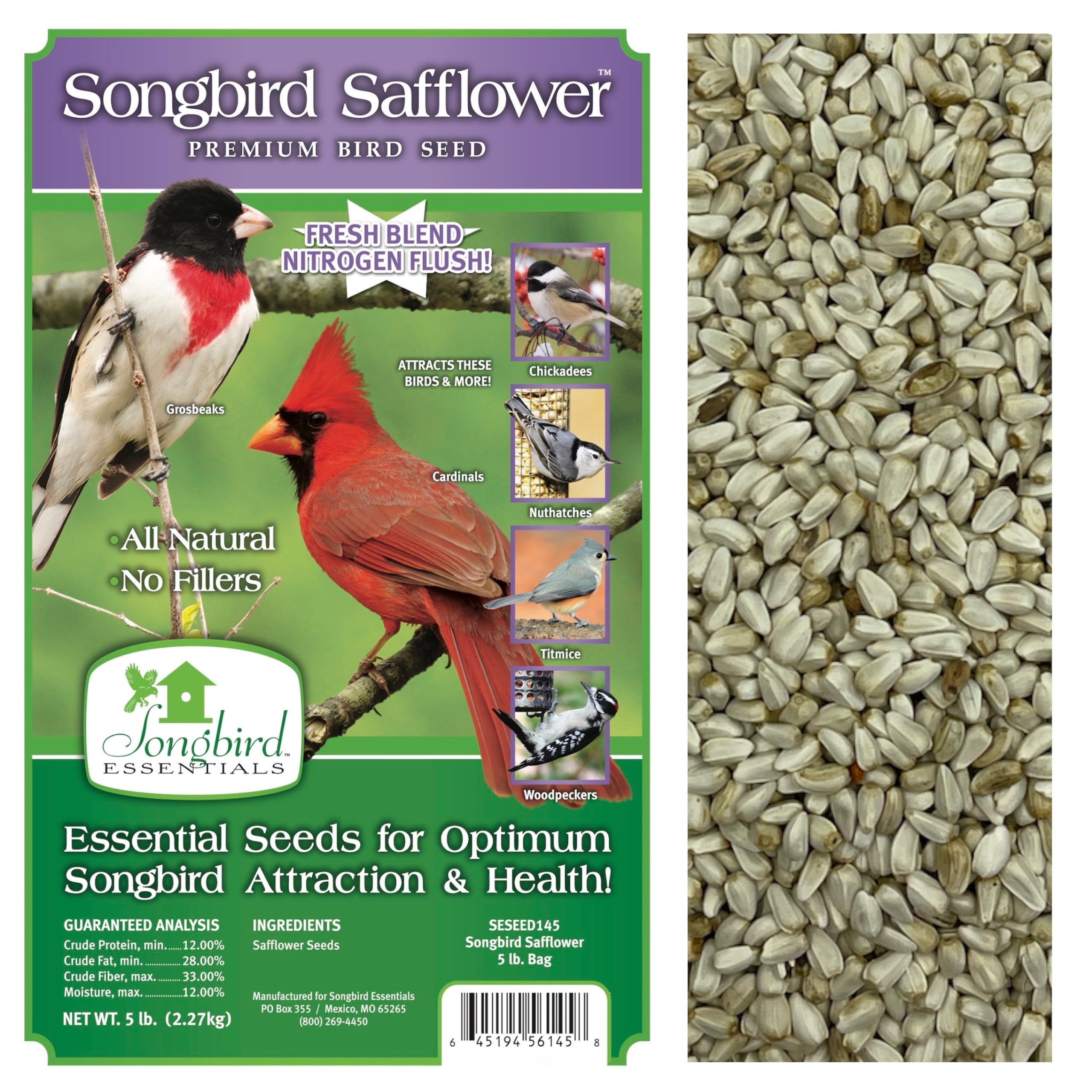 Songbird Essentials Wild Bird Food, Songbird Safflower Premium Bird Seed, 5 Pound Bag, Nitrogen Flushed