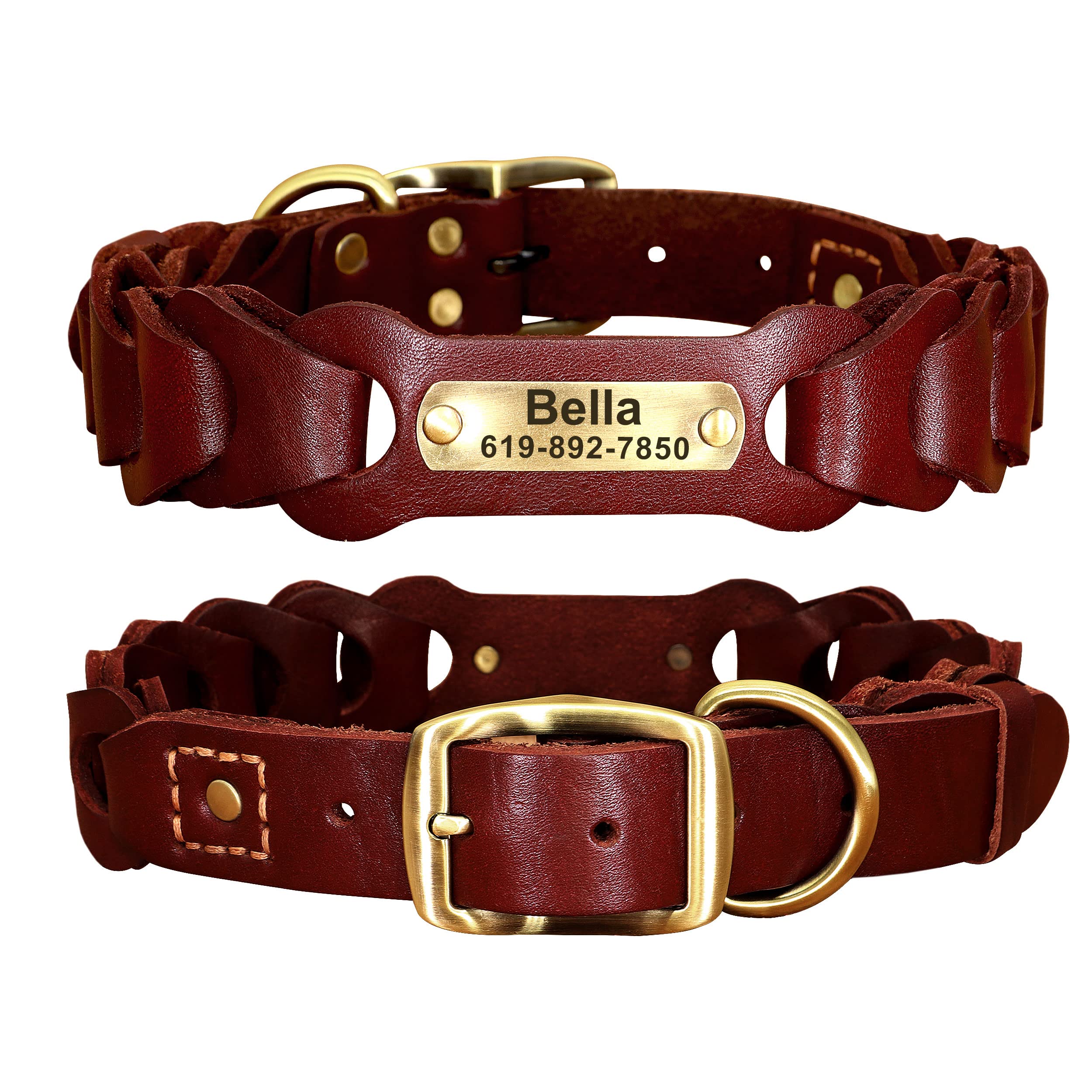 Didog Personalisiertes Leder-Hundehalsband – Handgeflochten, Mit Namensschild, Für Große Hunde (XL Bis 53 Cm) – Braun, Robust & Stylisch