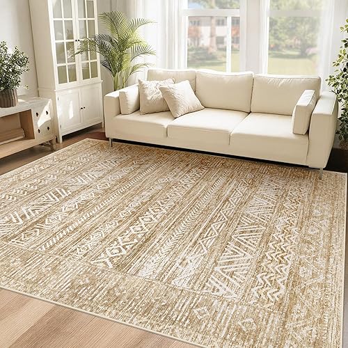 6x9 Area Rugs for Living Room: Washable Moroccan Geometric Boho Rug Farmhouse Non Slip Stain Resistant Large Rug Low Pile Soft Carpet for Bedroom Dining Room Home Office Kids Room (Light Brown,6'x9')