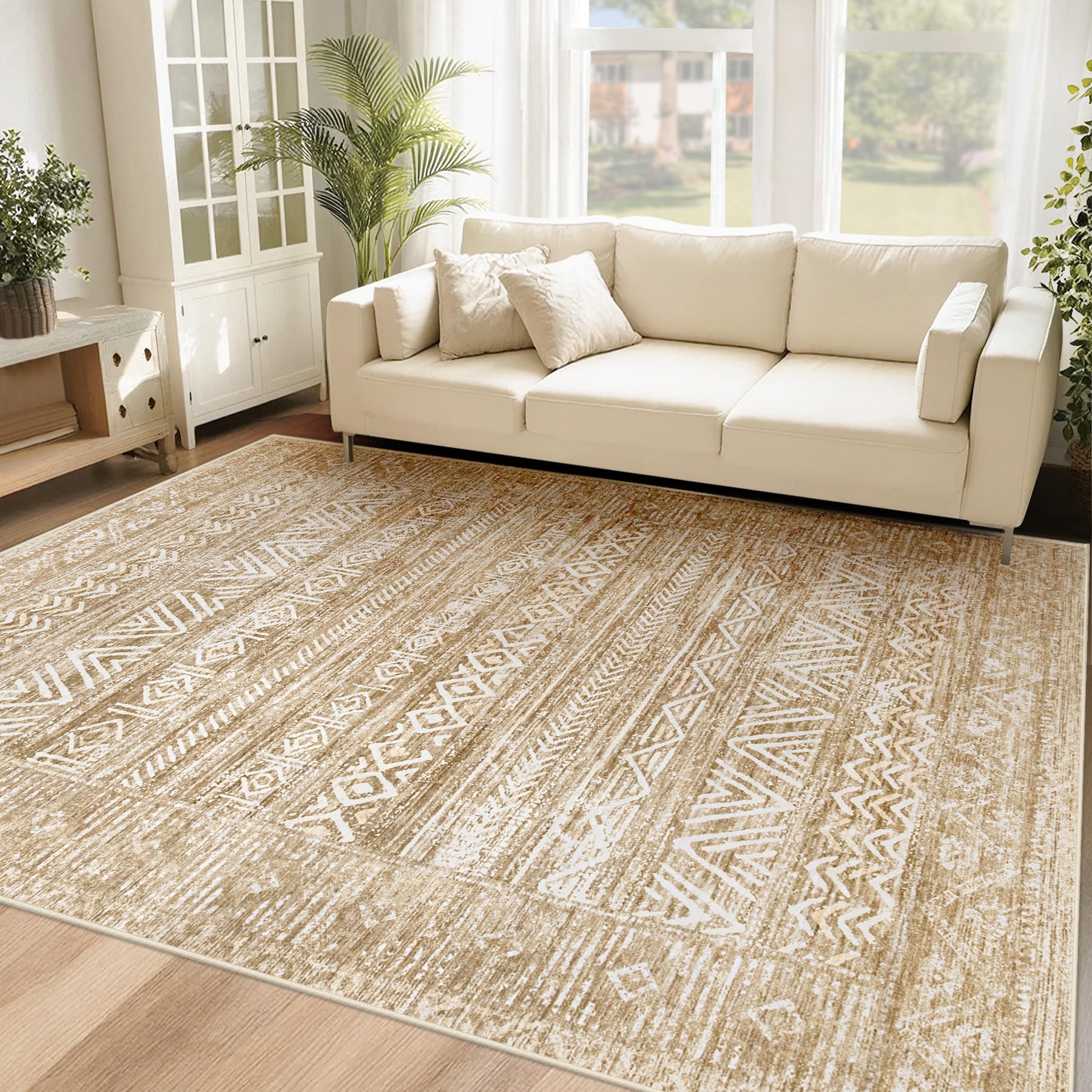 6x9 Area Rugs for Living Room: Washable Moroccan Geometric Boho Rug Farmhouse Non Slip Stain Resistant Large Rug Low Pile Soft Carpet for Bedroom Dining Room Home Office Kids Room (Light Brown,6'x9')