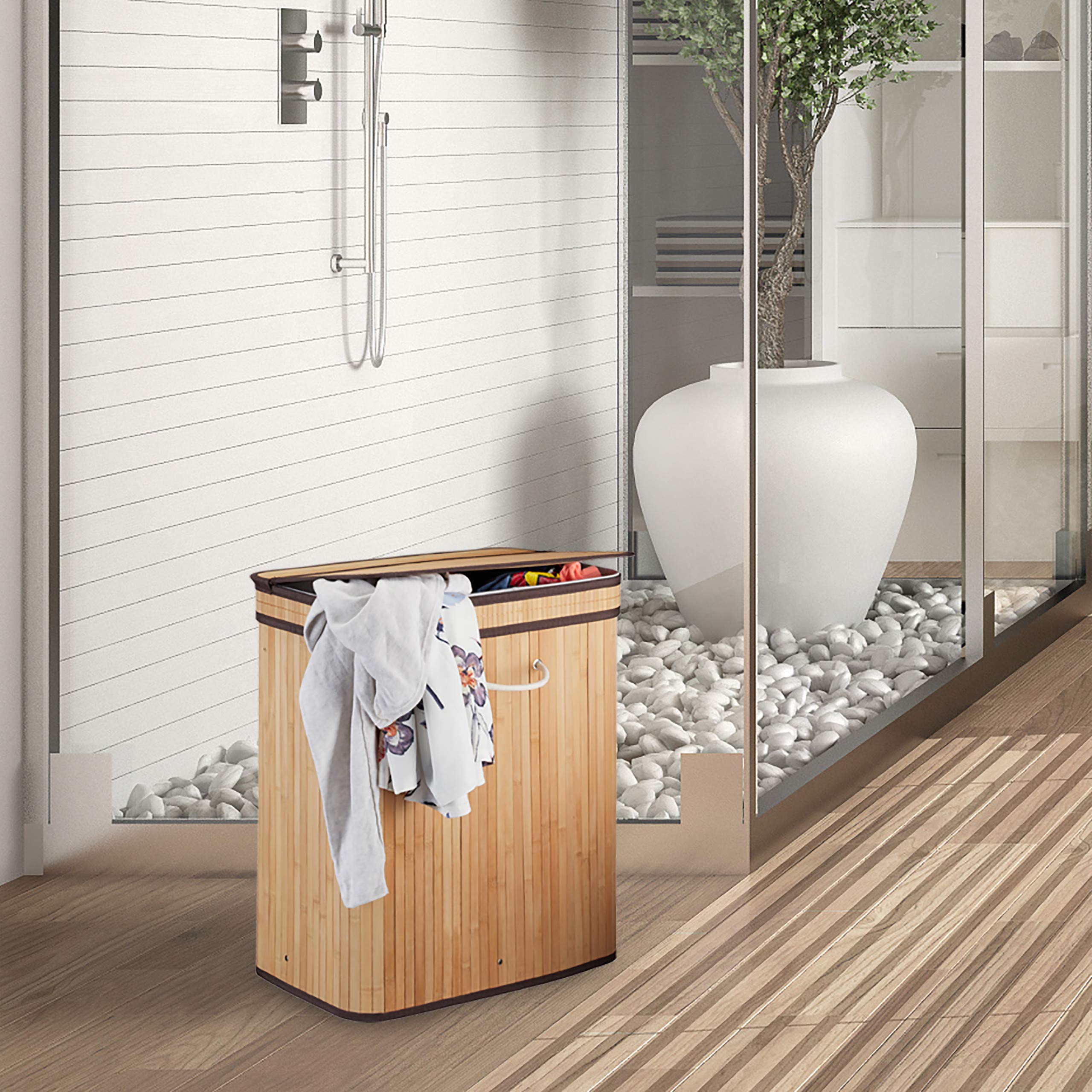 Relaxdays wasmand met 2 vakken, bamboe, 100 l, opvouwbaar