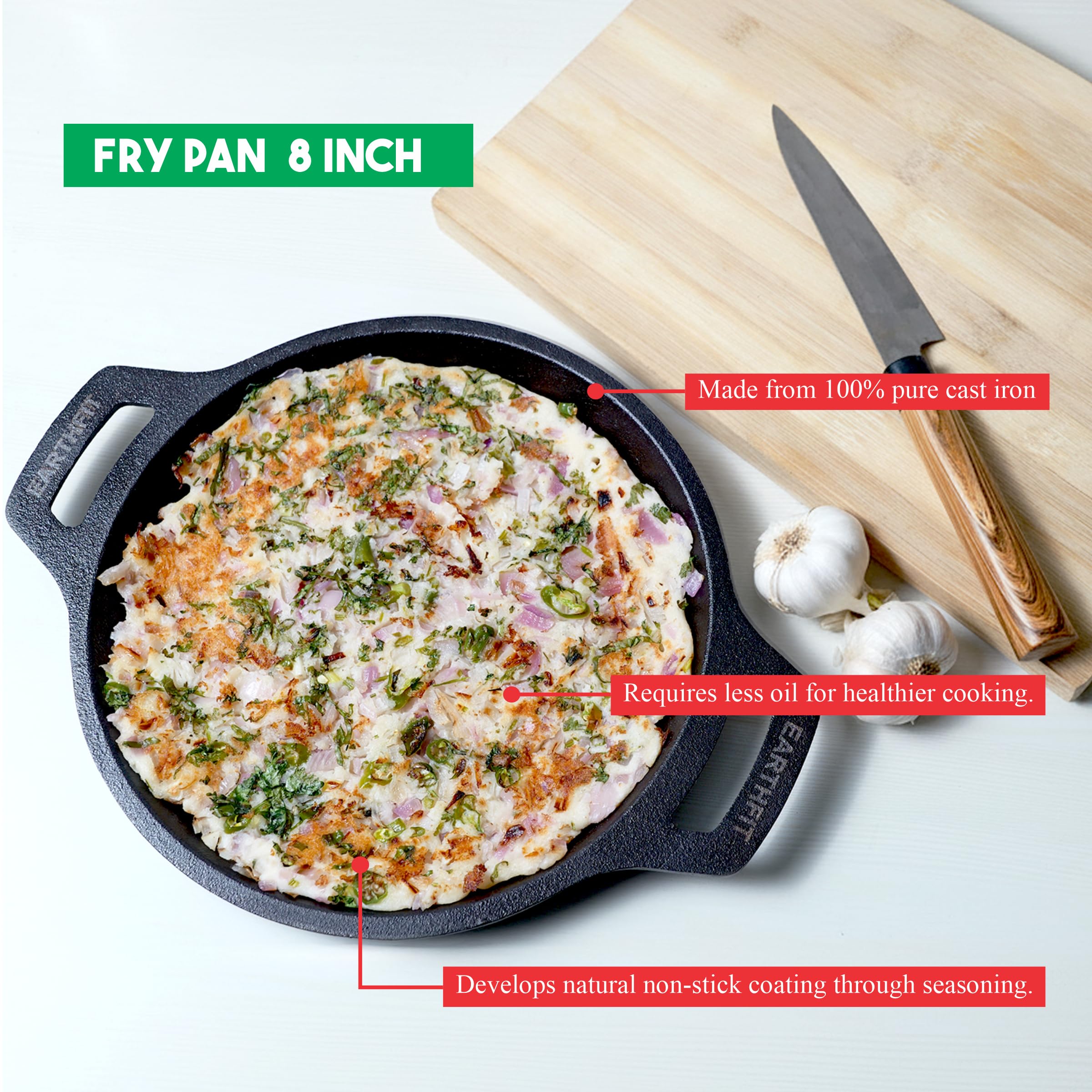EARTHFIT Cast Iron Fry Pan 8" Pre-Seasoned Skillet | Heavy Duty Non-Stick Pan for Fish Fry, Chicken, Paneer Tikka & Stir Fry | Compact Cookware for Gas Stove, Oven & Campfire Use 1