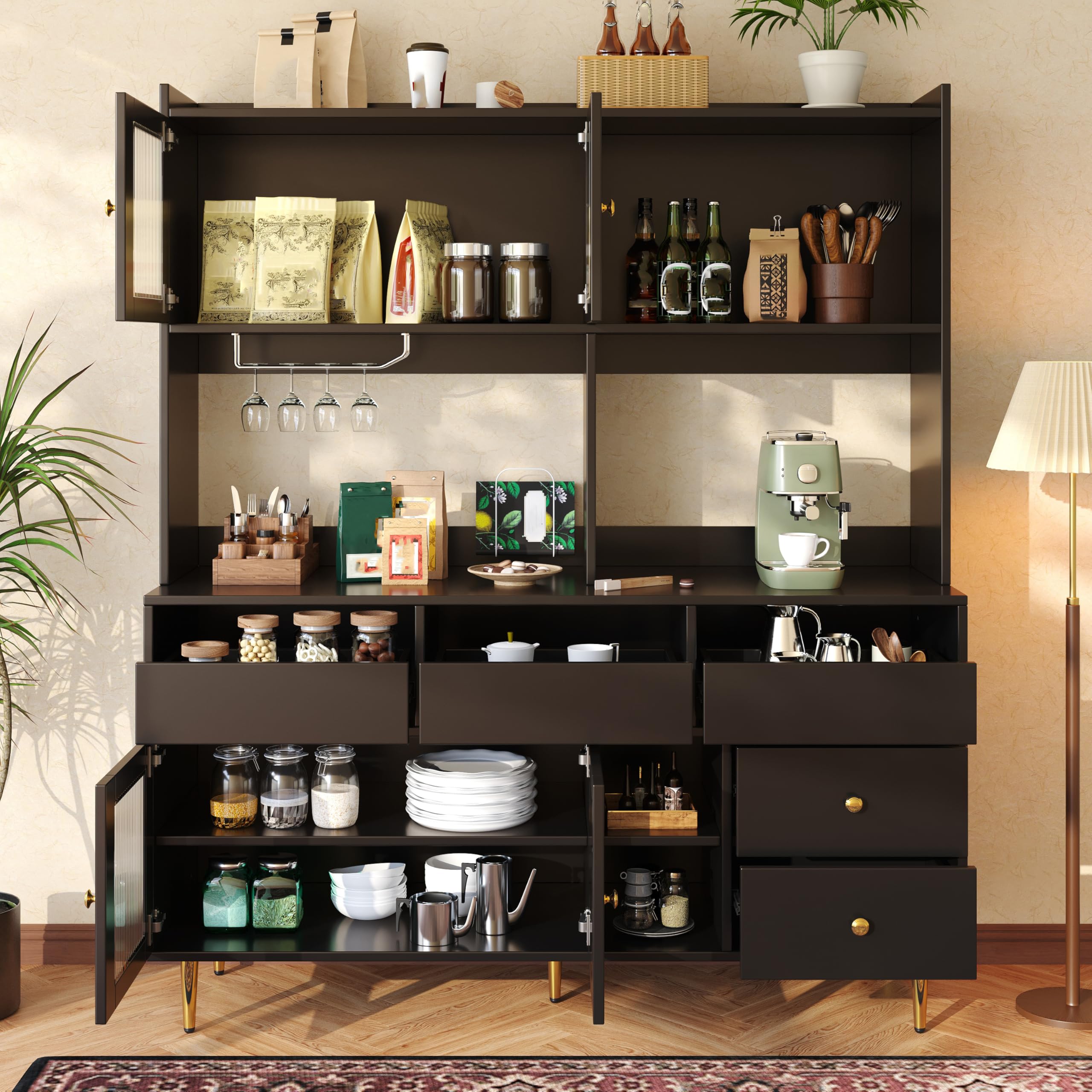 Armario Alto 145x39x171 cm con Puerta de Cristal cajones botellero estantes Abiertos Buffet para salón Comedor restaurantes aparador armarios de almacenaje Negro