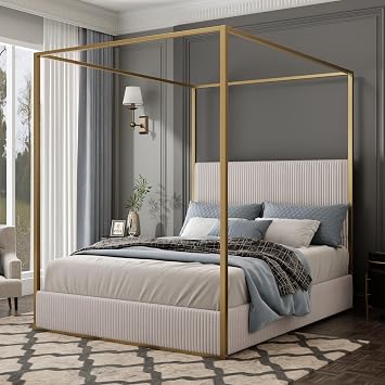 Modern Luxury 4-Poster Canopy Platform Bed Queen Size with Velvet Upholstered Tall Headboard, Metal Canopied Design Platform Bed Frame with Strong Slats Support Beige+Gold