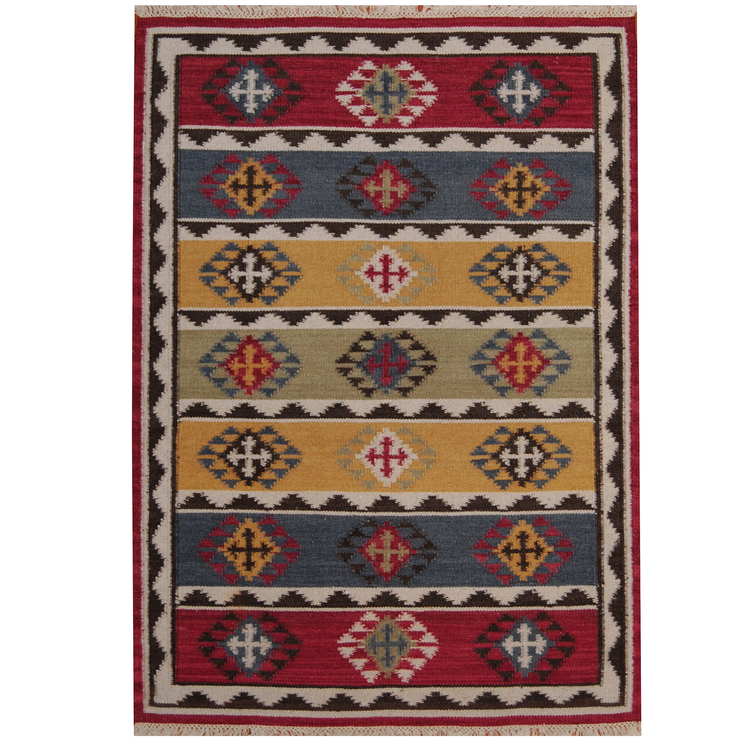 Indo Hand Woven Tribal Vegetable Dye Kilim Wool Rug, 5'4" x 7'6", Red/Ivory