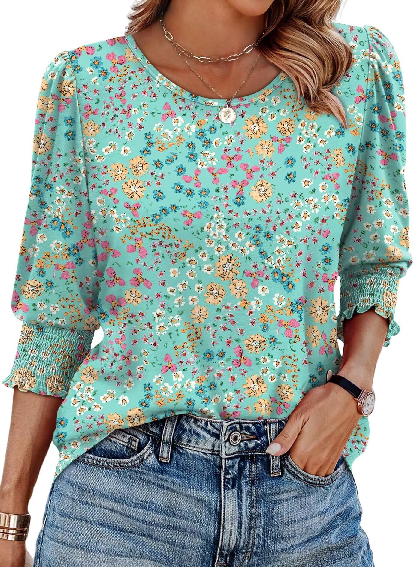 WIHOLL Blouses for Women Dressy Casual 3/4 Length Sleeve Womens Tops with Smocked Cuffs