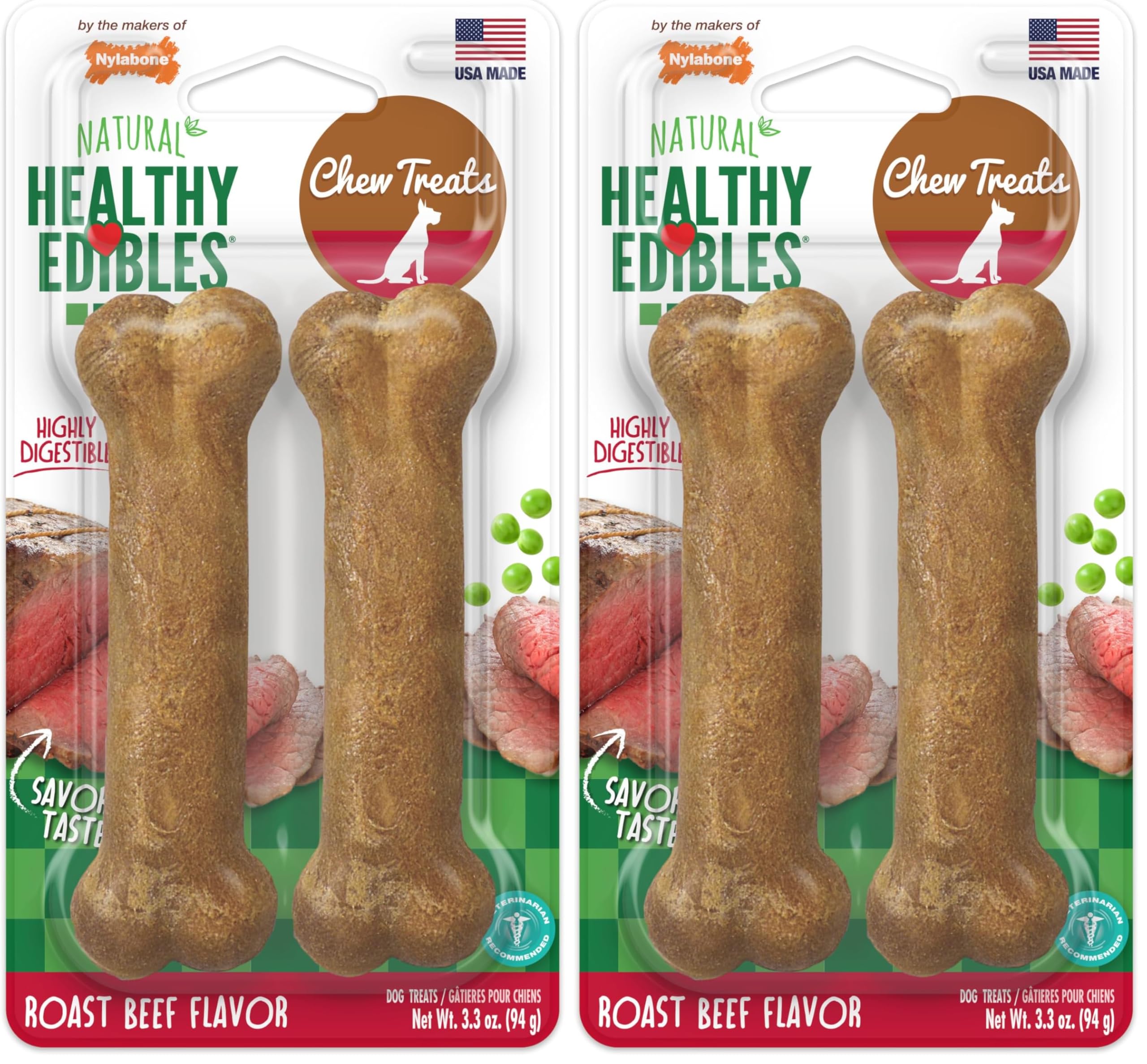 Nylabone Healthy Edibles Natural Dog Chews Long Lasting Roast Beef Flavor Treats for Dogs, Small/Regular (2 Count) (Pack of 2)
