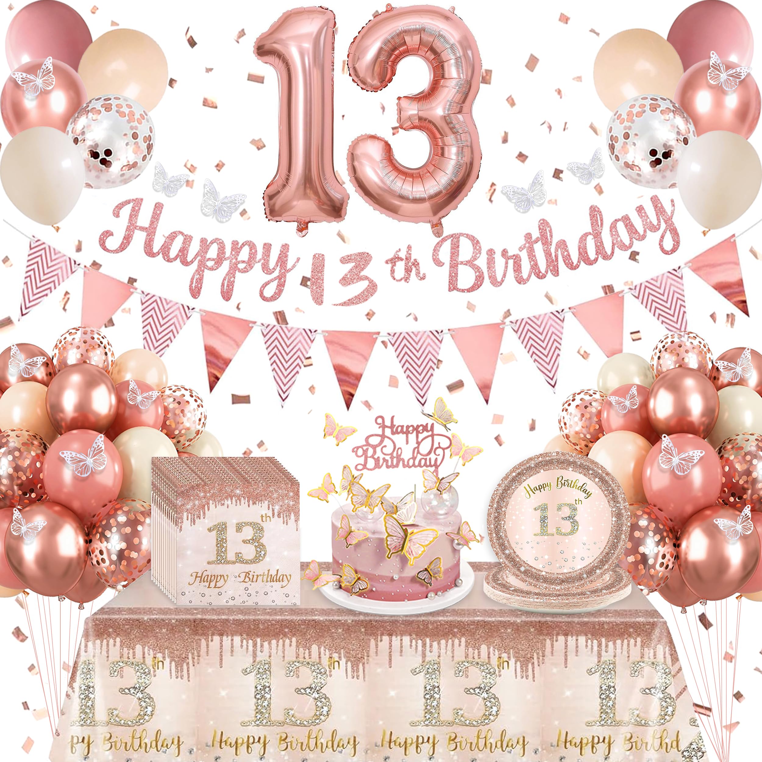 Slmeno 13th Girl Birthday Decorations Retro Pink and Rose Gold, 13th Birthday Decorations for Girl, with 20 Plates 20 Napkins and 1 Tablecloth,Balloon