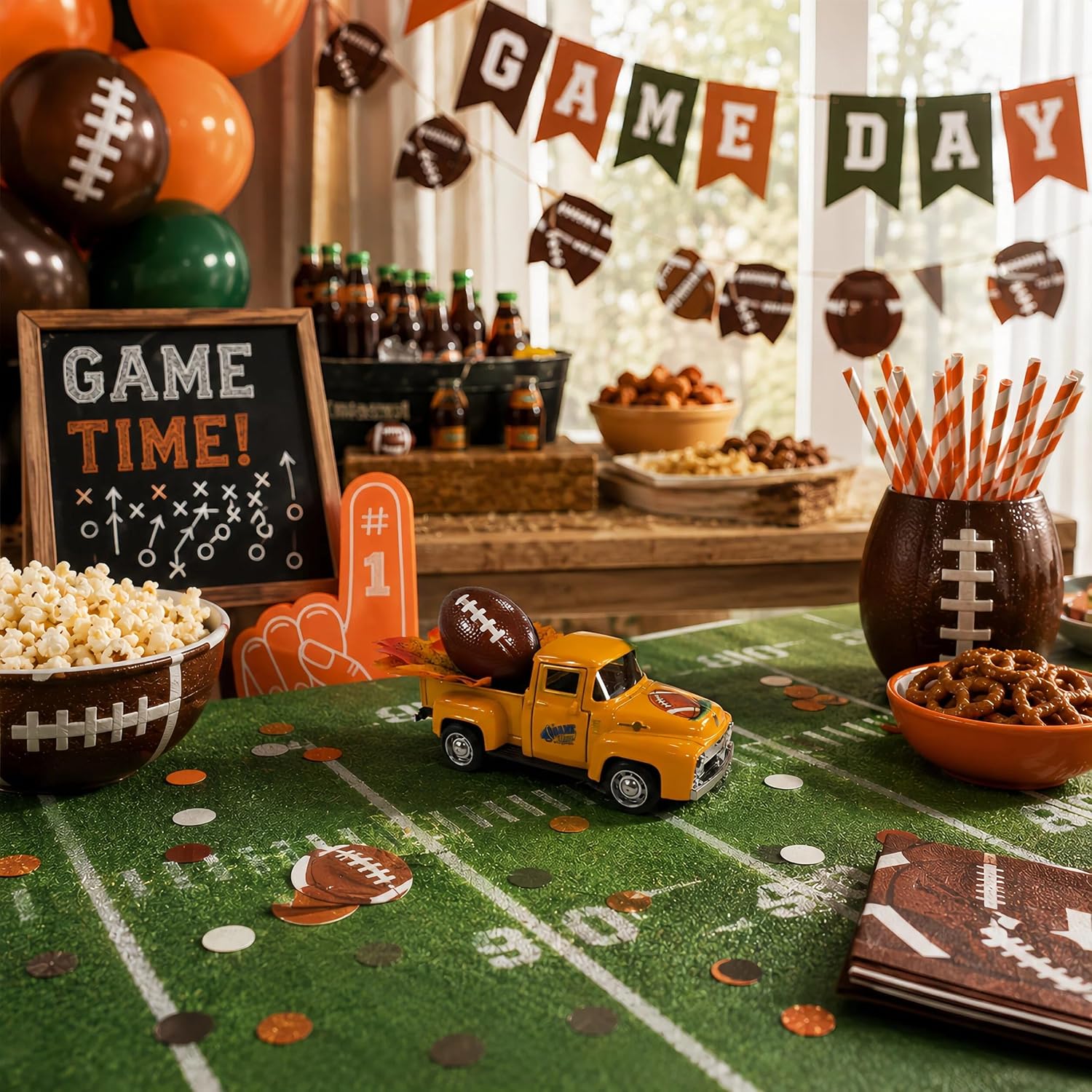 Fall Football Decorations, 5.7 x 2.3 x 2 Inch Orange Diecast Pickup Truck with Maple Leaves, Autumn Tabletop Decor for Home, Office Desk, Tiered Tray and Game Day Party