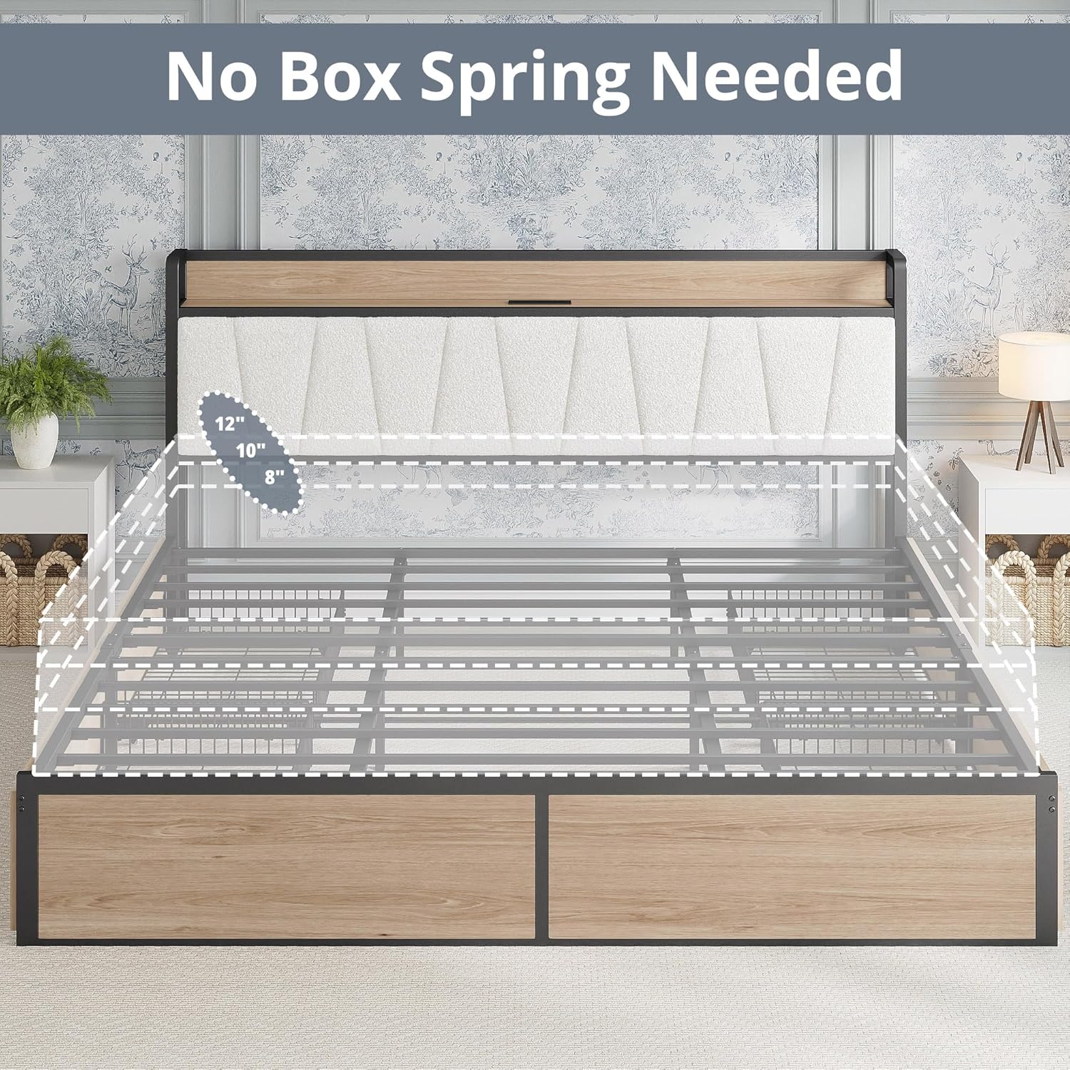 LIKIMIO King Bed Frame with 4 Storage Drawers, Platform Bed with Charged Headboard, Sturdy and Stable, No Noise, No Box Spring Needed, Easy Install, Wood and Cream