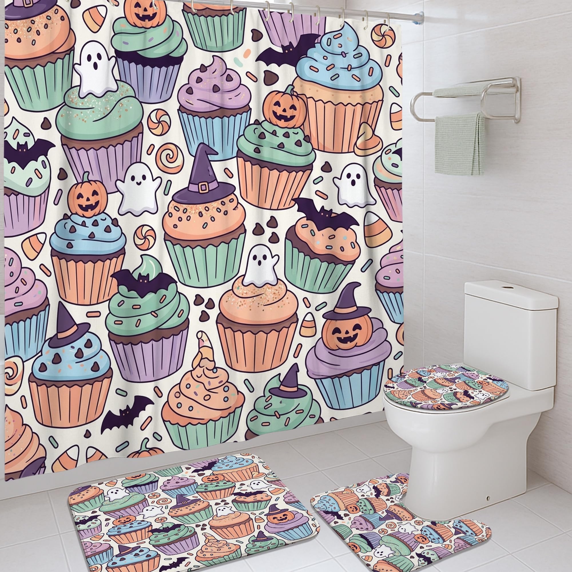 Rideau de douche Halloween cupcake et fantôme pour une décoration de salle de bain festive
