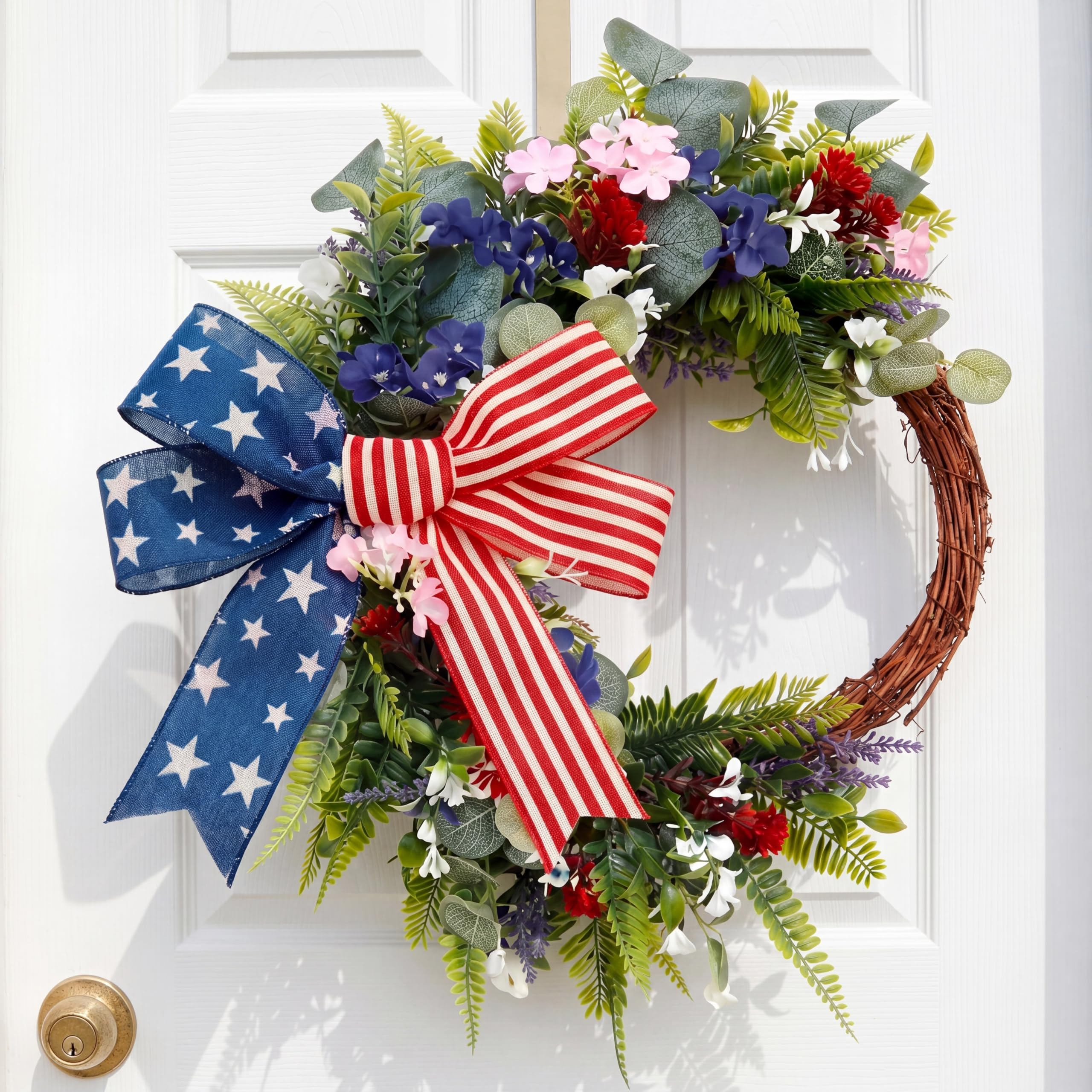 Photo 1 of **small**Suncalla Patriotic Wreath for Front Door Red White Blue Flowers Outdoor 250th Anniversary 4th of July American Flag Bow Wreath for Independence Day Memorial Day Inside Outside Home Decor