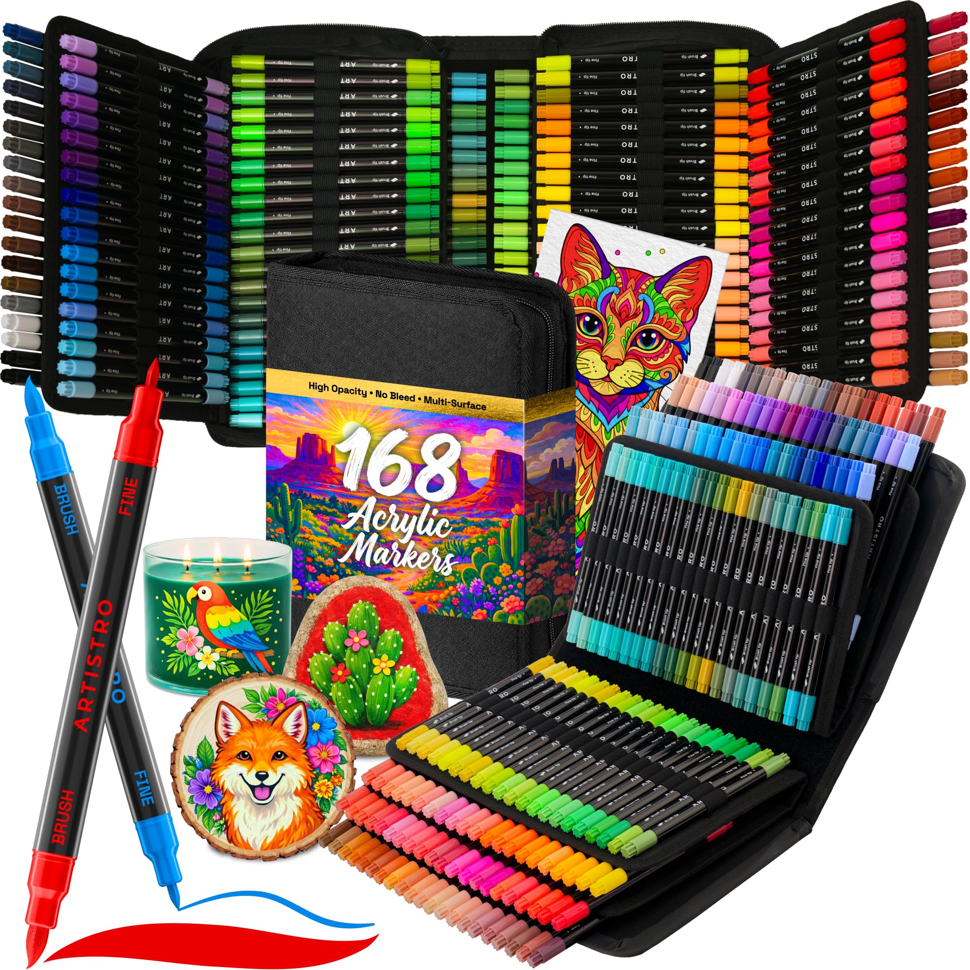 ARTISTRO 168 Acrylic Paint Markers, Dual-Tip Paint Pens, Black Bag