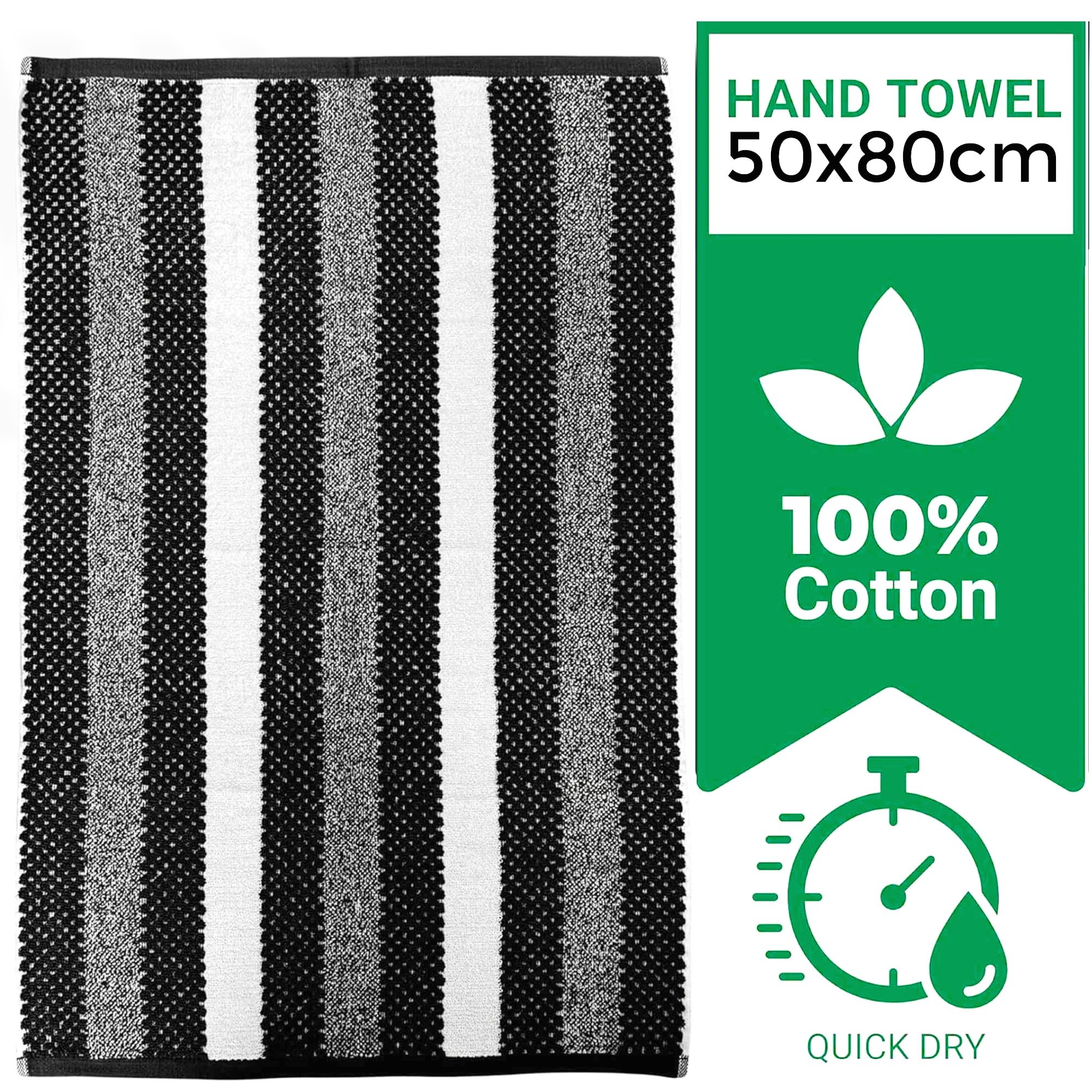 Towelogy® Quick Dry Patterned Hand Towels for Bathroom, Black, 80x50cm - Image 3