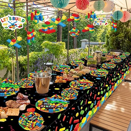Miniatura 6 de Juego de 146 piezas de bloques de construcción para fiesta de cumpleaños, decoraciones de ladrillo de cumpleaños para niños, platos de papel,