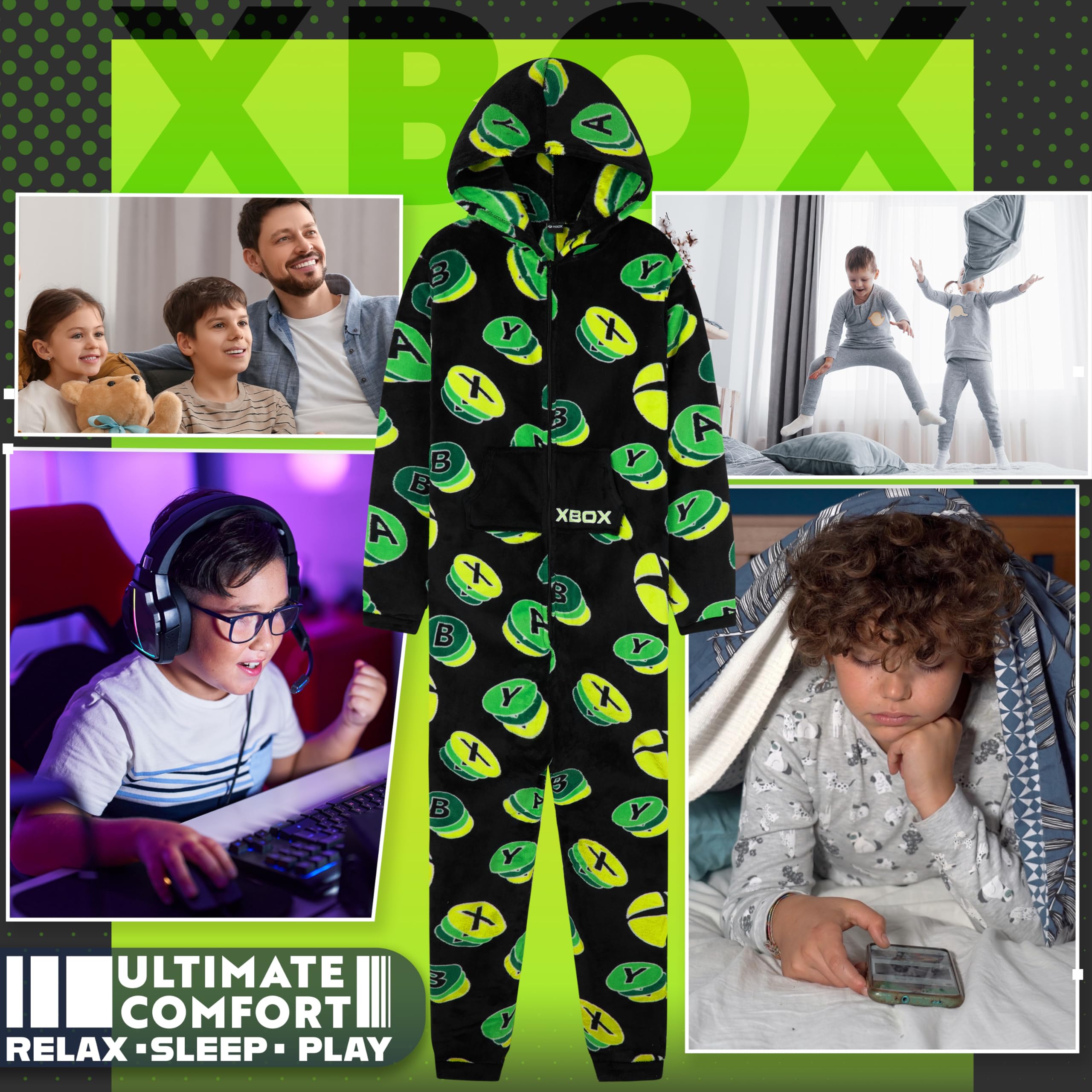 Xbox Tuta Intera Bambino e Adolescenti Tutto in Uno Pile Accogliente Pigiama Intero Incappucciato Regalo Ragazzo