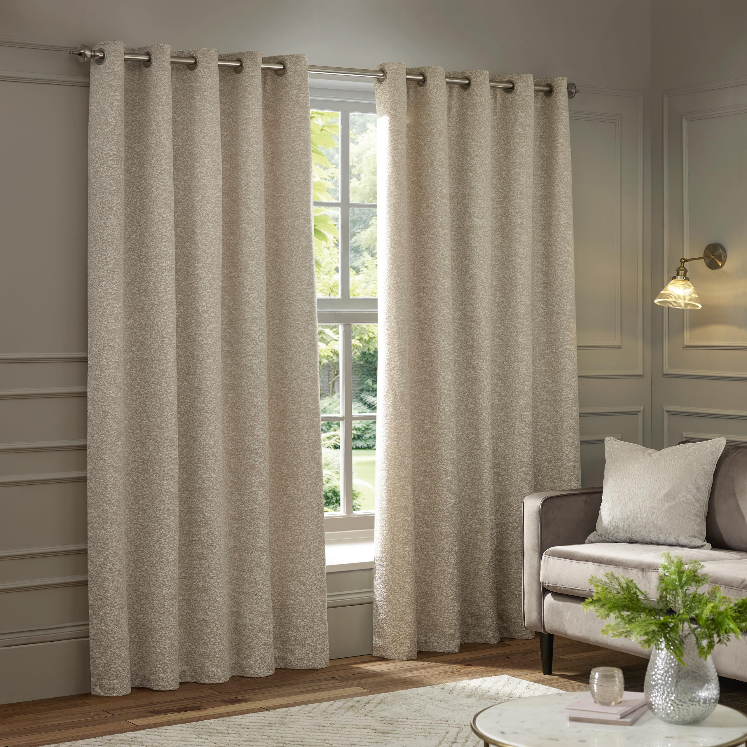 Paoletti Galaxy Eyelet Curtain Pair – Lined Room Darkening Luxury Opulent Chenille Curtains (Ivory - 117x137cm)