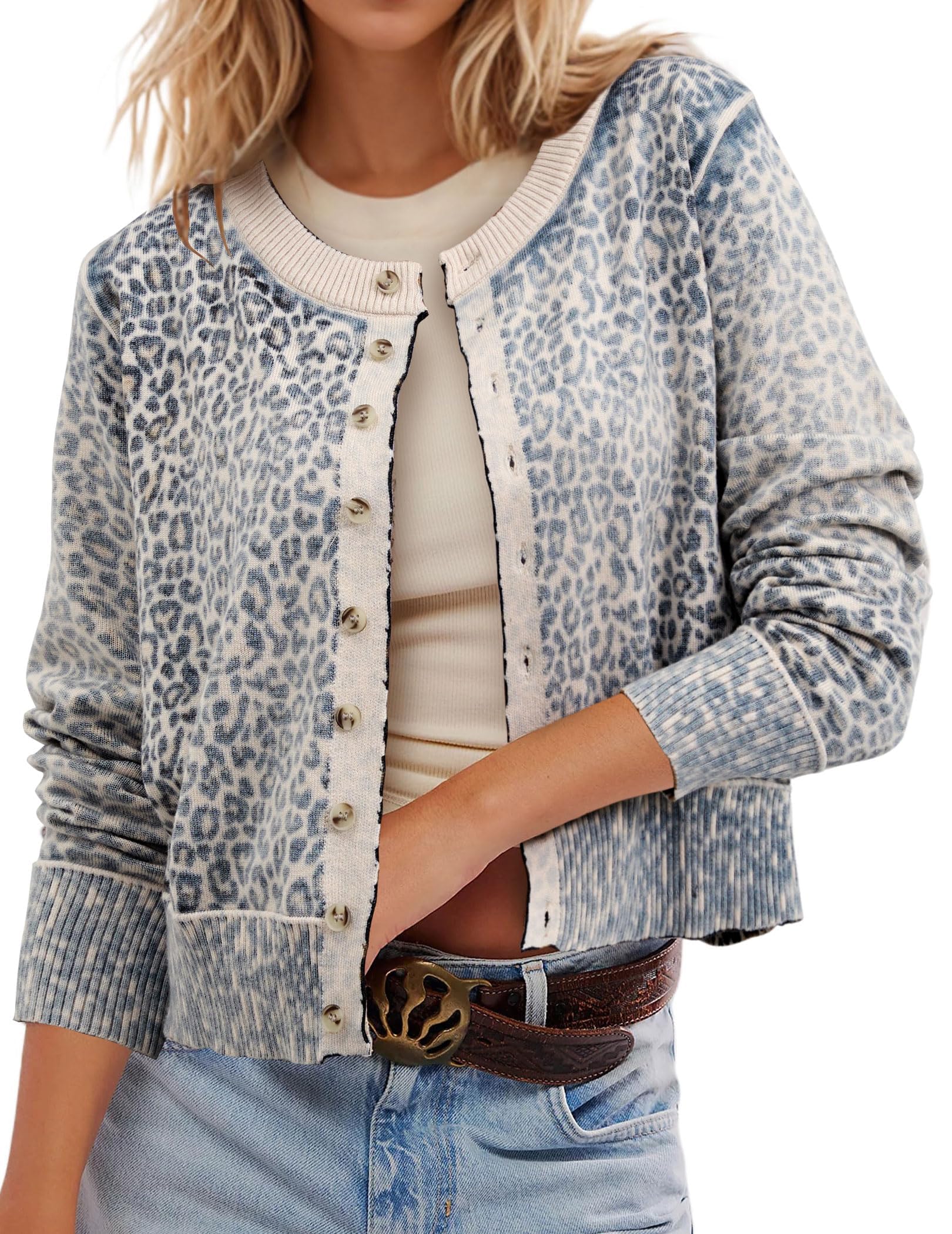 2026 Spring Leopard Cardigan Womens Button Up Lightweight Sweaters Long Sleeve Cheetah Print Cropped Cardigan Jackets