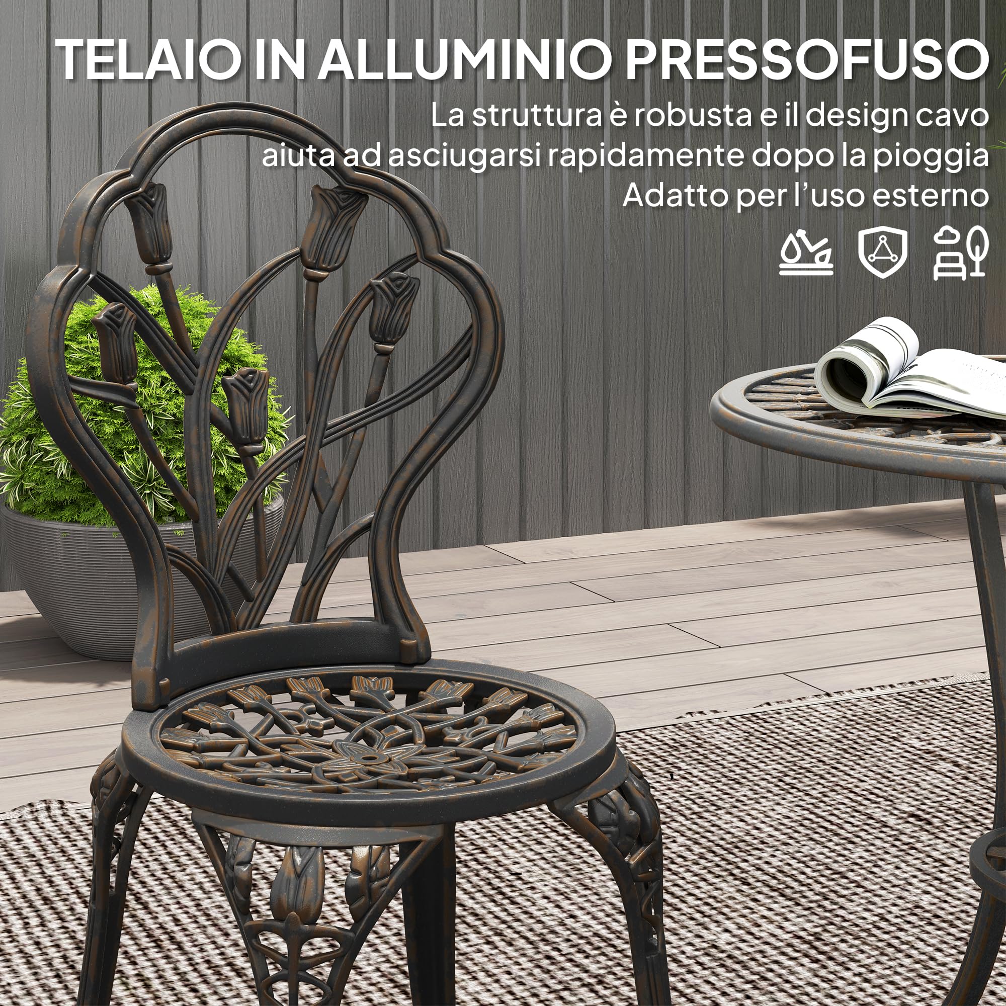 Outsunny Set de terraza de Exterior de 3 Piezas con 2 sillas de jardín y Mesa Redonda con Orificio para sombrilla, Juego de Mesa y sillas de balcón de Aluminio, para Patio, jardín, Bronce | Mesa redonda de exterior con 2 sillas, juego de balcón de alumini