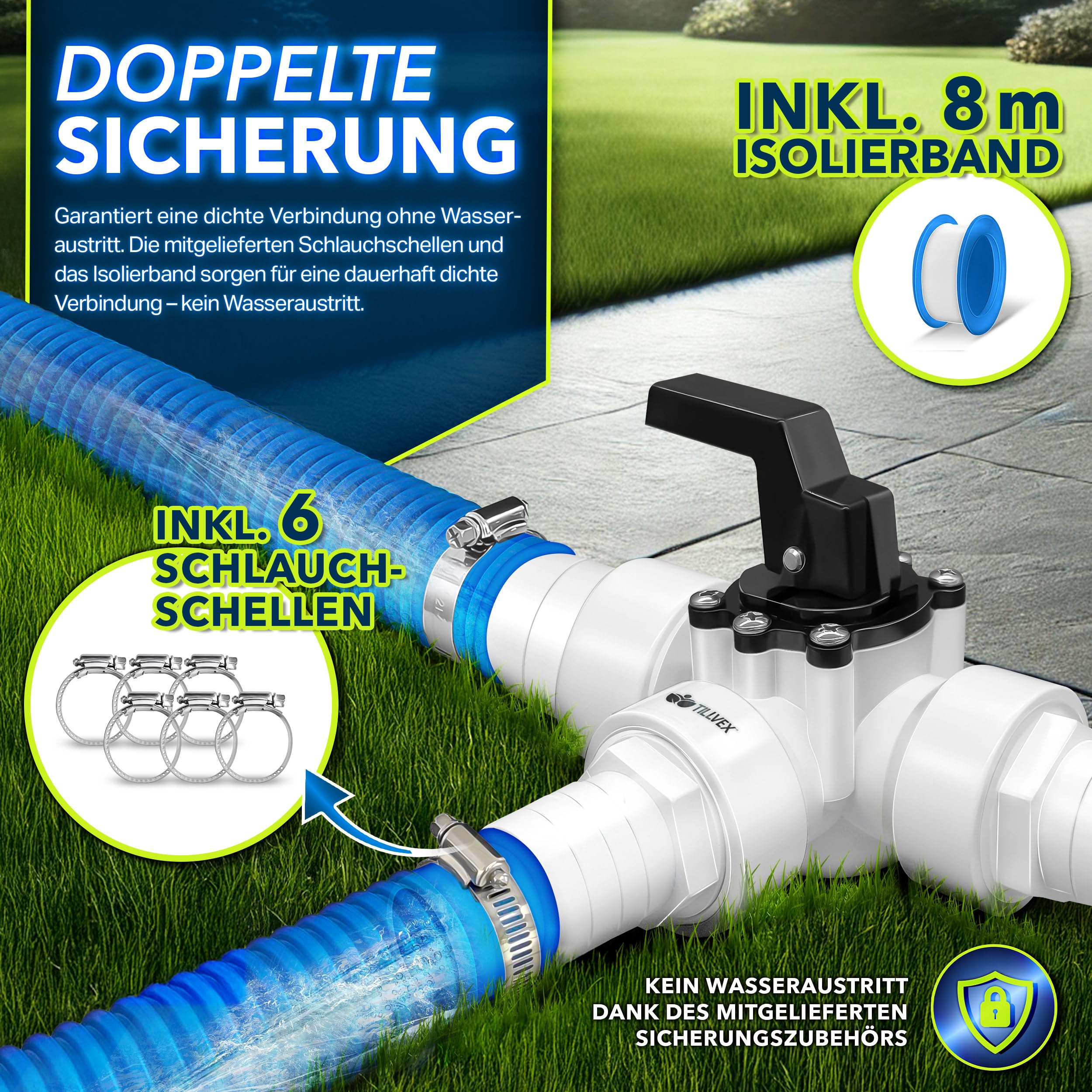 tillvex® Bypass Set Pool 12-TLG. - Ø32 & 38 mm Anschluss | 3-Wege-Ventil & ABS-Adapter | 6X Schlauchschellen & 8m Isolierband – ideal für Sandfilteranlagen, Wärmepumpen & Poolheizung