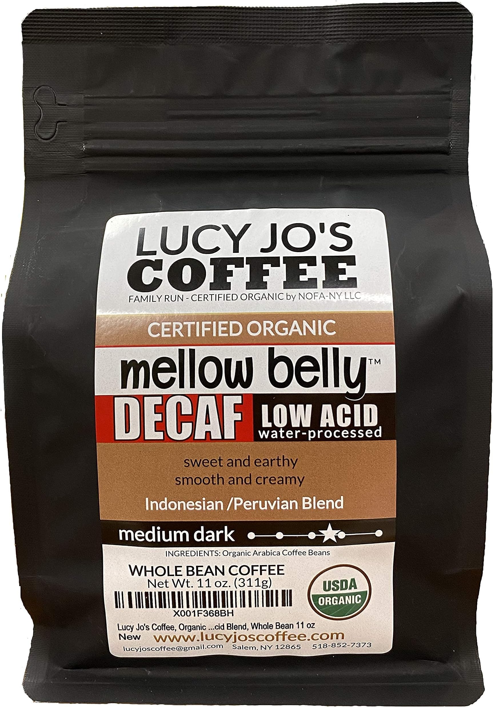 Lucy Jo's Coffee Roastery, Organic Decaf Mellow Belly Low Acid Blend, Medium Dark Roast, 11 oz (Whole Bean)