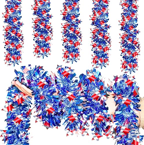 Guirnalda patriótica de oropel del 4 de julio, 50 pies, guirnaldas de oropel con purpurina con estrella de colores mixtos, serpentinas colgantes