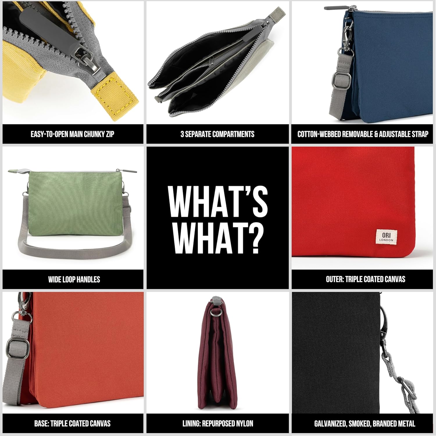 ORI LONDON Crossbody Bag - XL Slim, Chunky Zip, Removable & Adjustable Strap, & 3 Compartments - Carnaby - Image 4