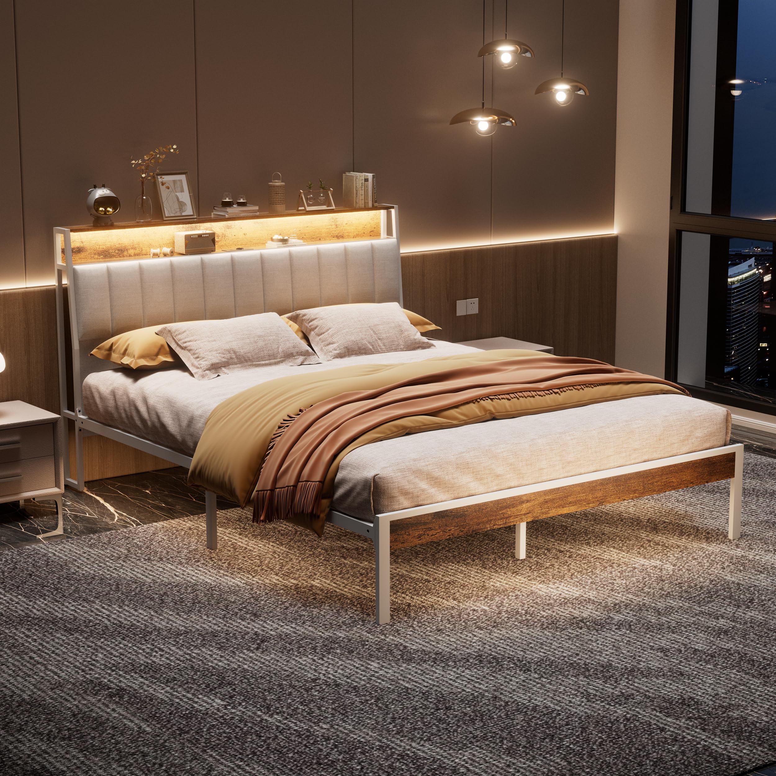 DEWINNER 160x200 Struttura Letto Con Illuminazione A LED, Letto Matrimoniale Con Testiera Contenitiva, Dotata Di Prese Multiple (1 Presa CA, 2 Porte USB), Struttura Robusta, Tessuto Di Lino Bianco