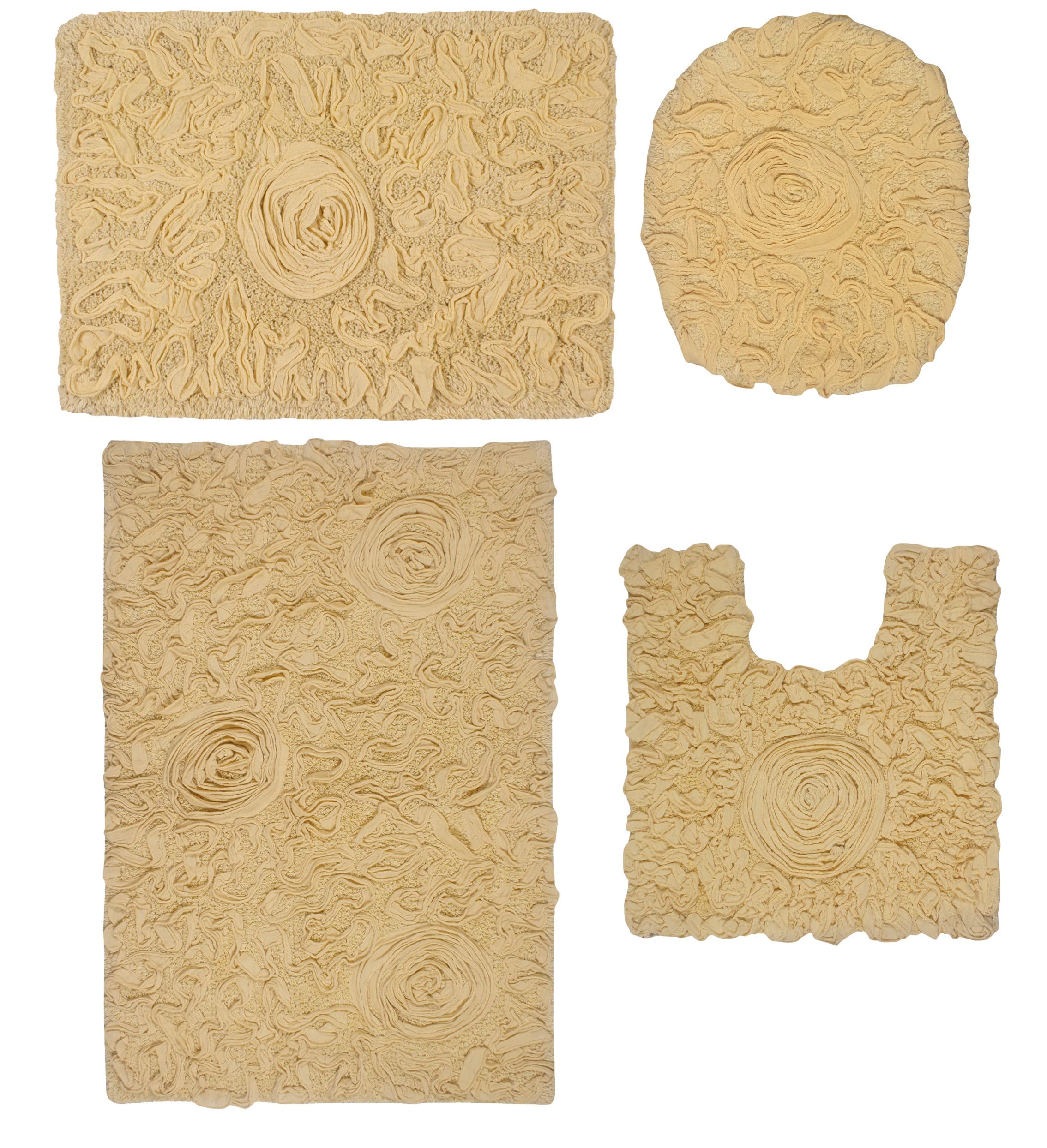 Home Weavers Bell Flower Collection - Alfombras de baño 100% algodón, extra suaves y absorbentes, antideslizantes, lavables a máquina, juego de 4 piezas con tapa de inodoro, color amarillo