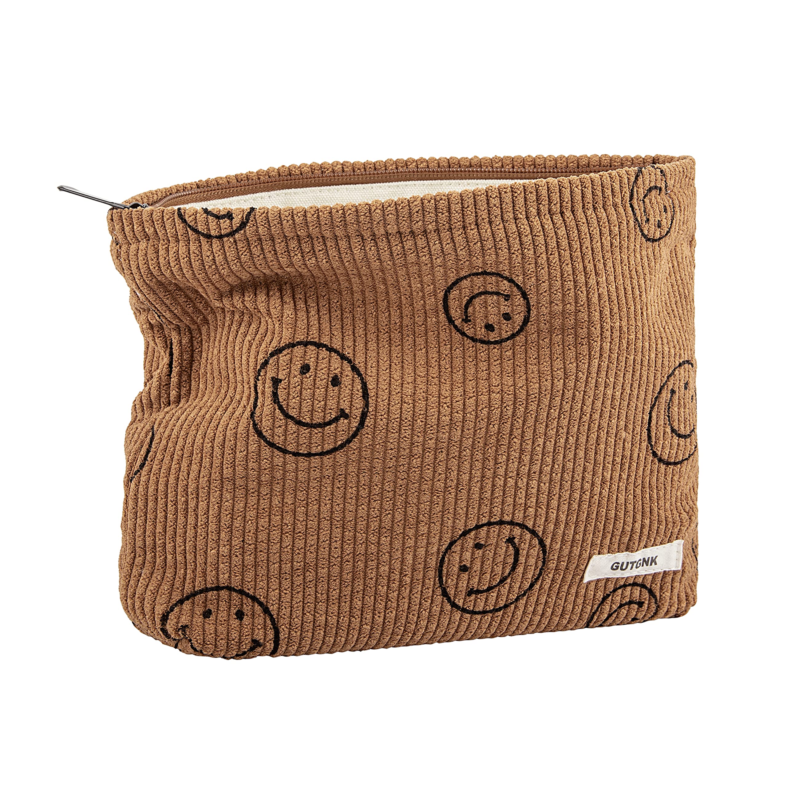 GUTGNKMakeup bag for Women, Corduroy Cosmetic Bag Aesthetic Design Ladies Tote Bag,Cute Smiley Face Makeup Organizer with Zipper - Brown