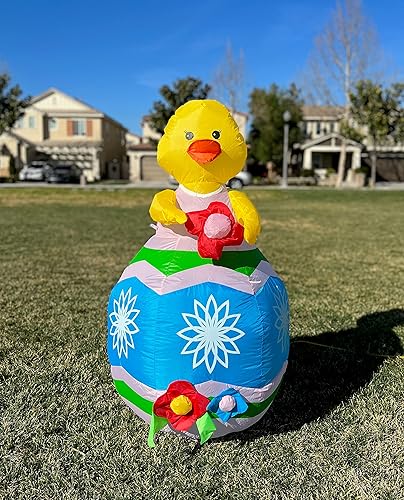 Miniatura 3 de Pollito amarillo inflable de Pascua de 4 pies de alto con flor roja y huevo azul, luces LED preiluminadas, para exteriores, interiores, vacaciones,