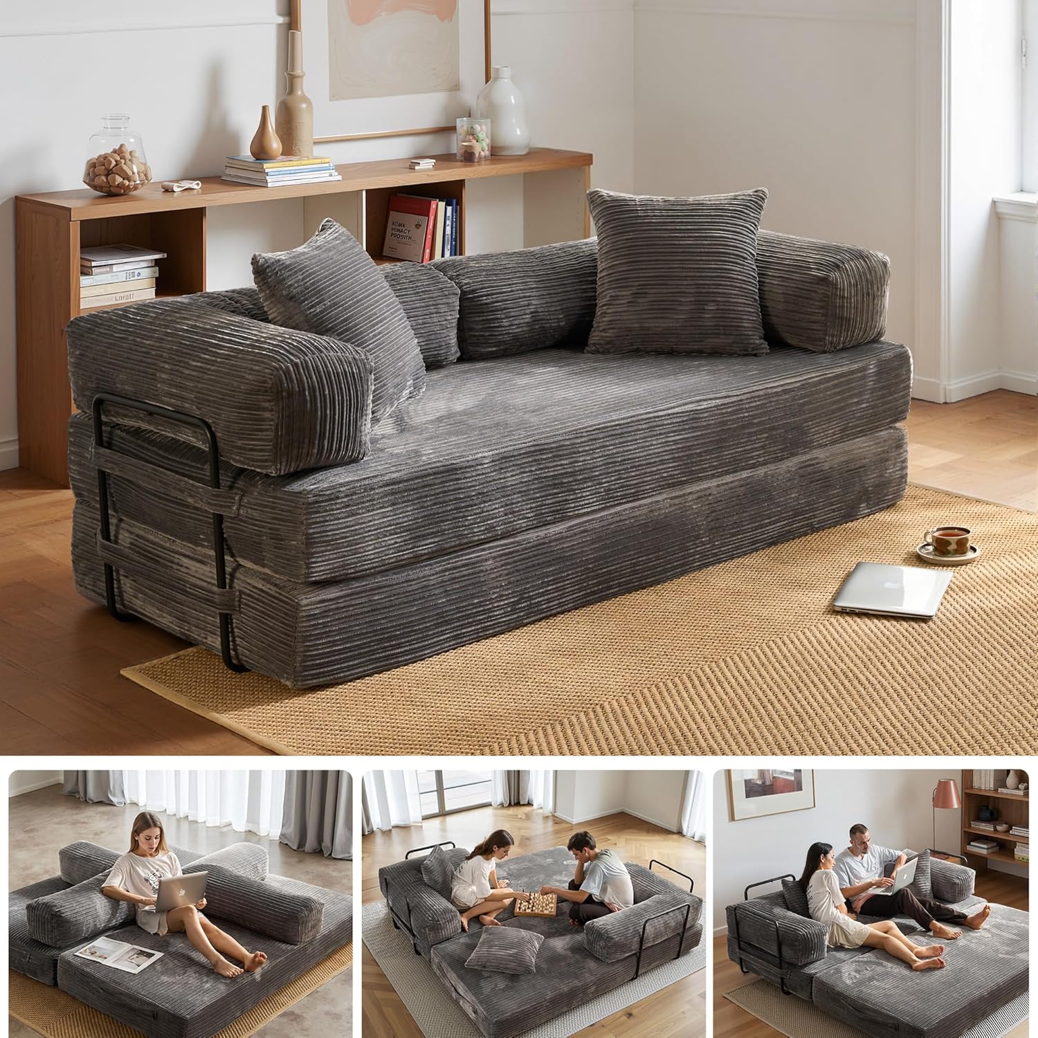 HOOOWOOO Convertible Folding Futon Sofa Bed,4 in 1 Corduroy Sleeper Couch No Assembly,80.5" Boneless Loveseat Lounge with Steel Frame Support for Living Room Bedroom Guest Room(Gray)
