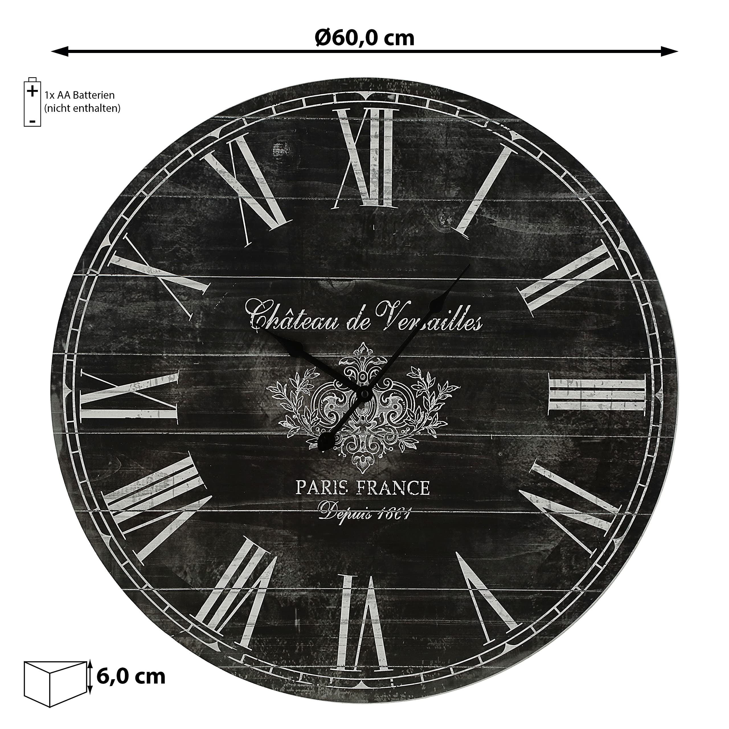 Horloge murale XL vintage - Diamètre : 60 cm - En MDF - Fonctionne avec piles - Montre design shabby chic (1 horloge murale XL noir)