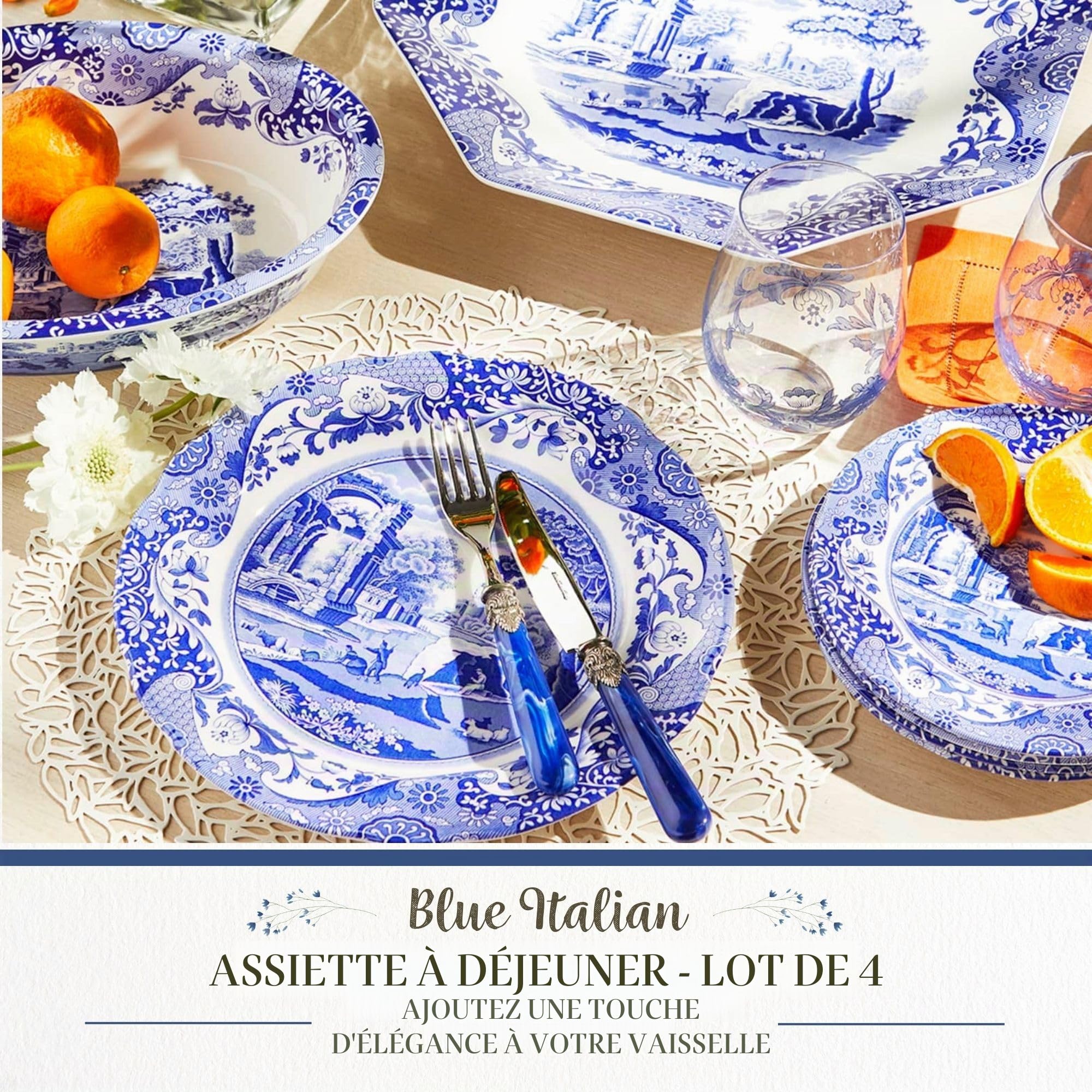 Spode Assiettes à déjeuner italiennes bleues - Lot de 4 (assiettes à déjeuner bleues, blanches, 9 pouces)