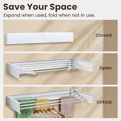 Miniatura 2 de BETTAHOME Escurridor de ropa para montar en la pared, estante de secado de lavandería expandible para interiores y exteriores, ahorro de espacio, 5