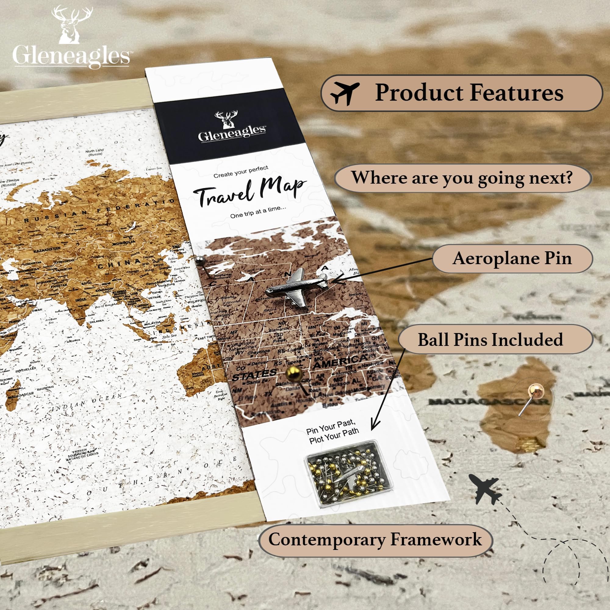 Gleneagles Weltreisekarte & Pinnwand, gerahmte Pinnwand, Kork-Holz-Design, 100 Pinnnadeln im Lieferumfang enthalten, personalisierbares Wanderlust-Dekor für Reisende (Beige)