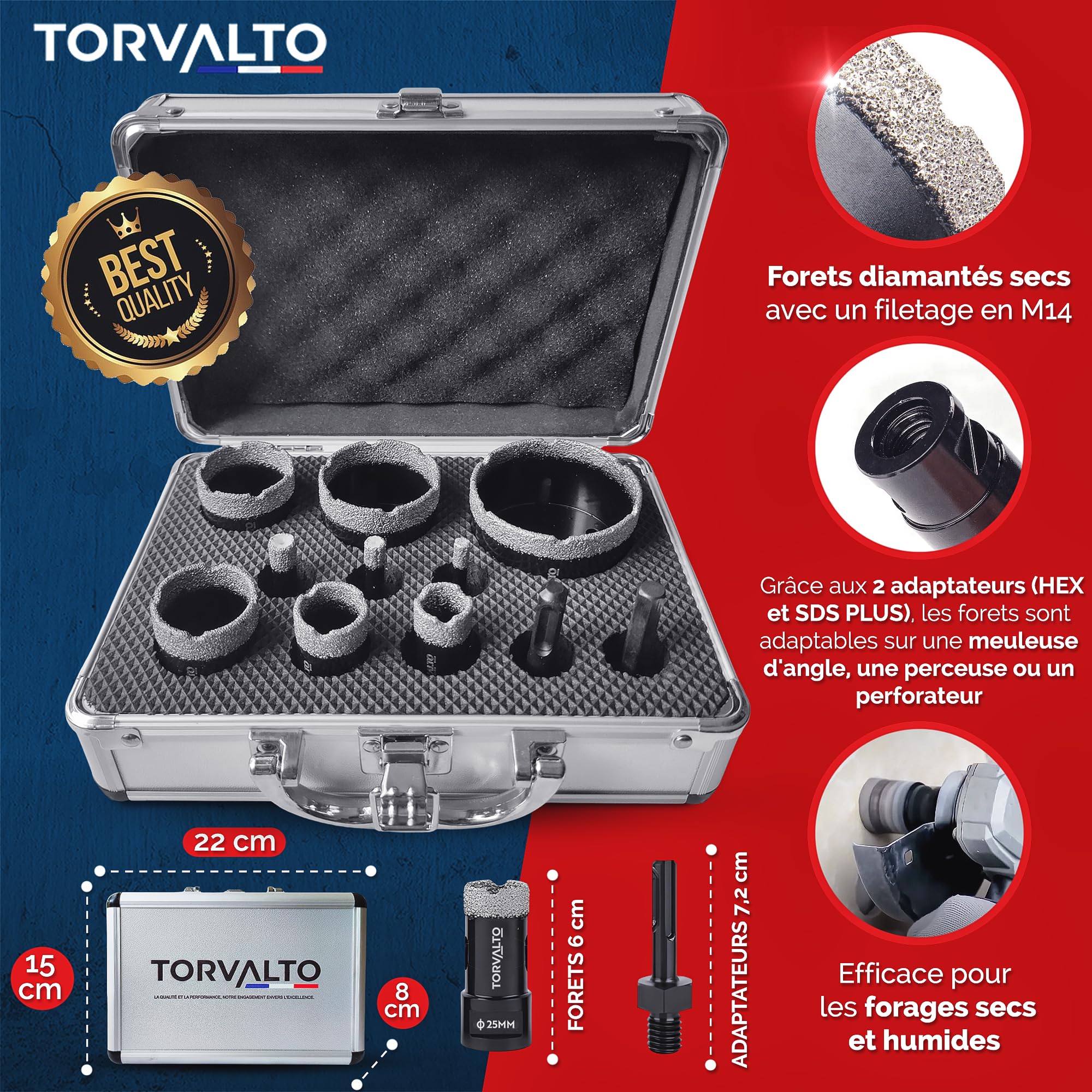 Kit forets diamant Professionnel TORVALTO 6/8/10/20/25/35/40/50/68 + 2 adaptateurs HEX/SDS inclus pour perceuse. Idéale pour Carrelage Porcelaine Marbre Granit. Scie cloche carrelage Robuste
