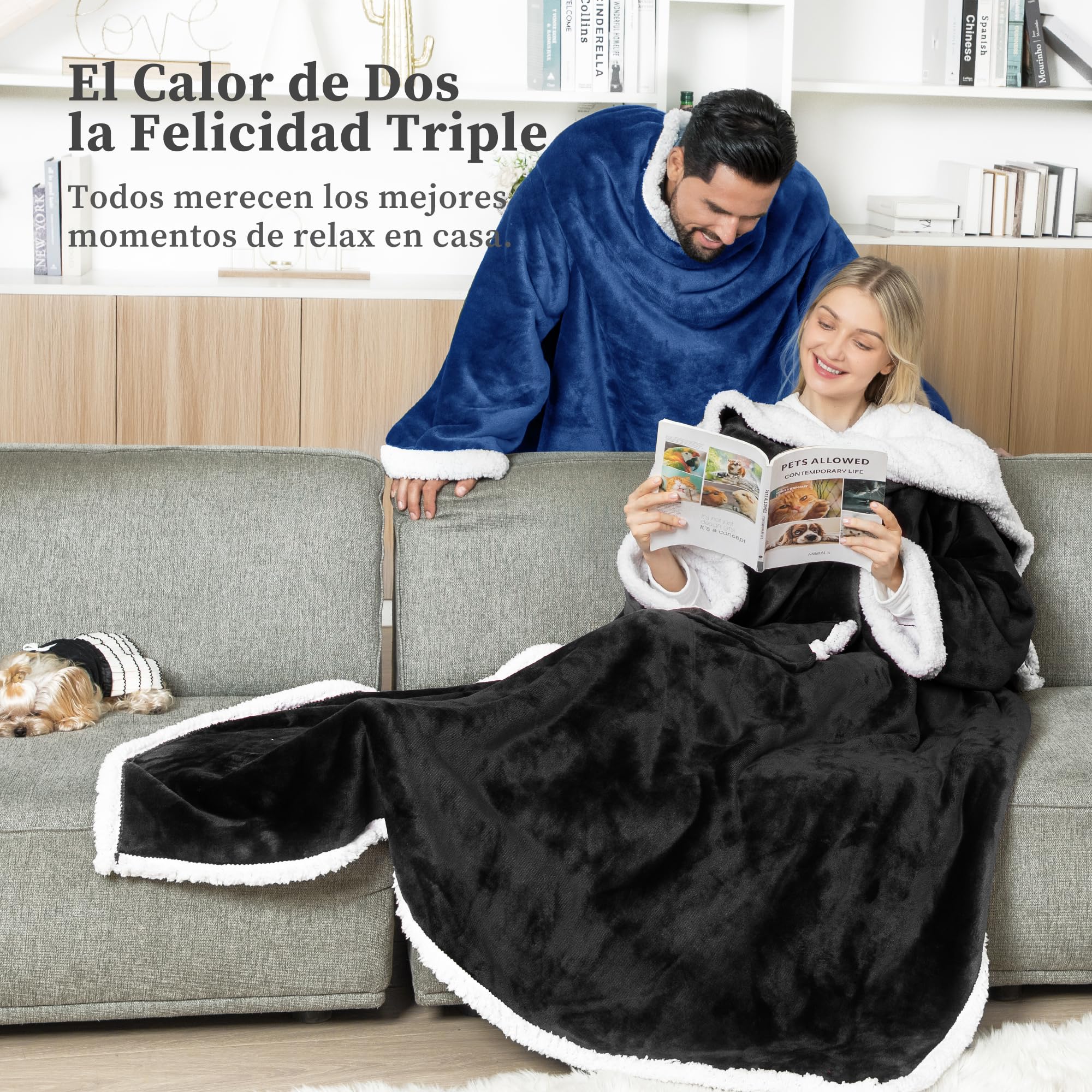 Winthome Manta con Mangas Gruesa, Batamanta Doble con Bolsillo, Plaid Sofa Hombre Mujer, Bata Blanket Polar Suave y Caliente, Regalos, Ahorrar Costes de Calefacción (Azul Oscuro, 140x180cm)