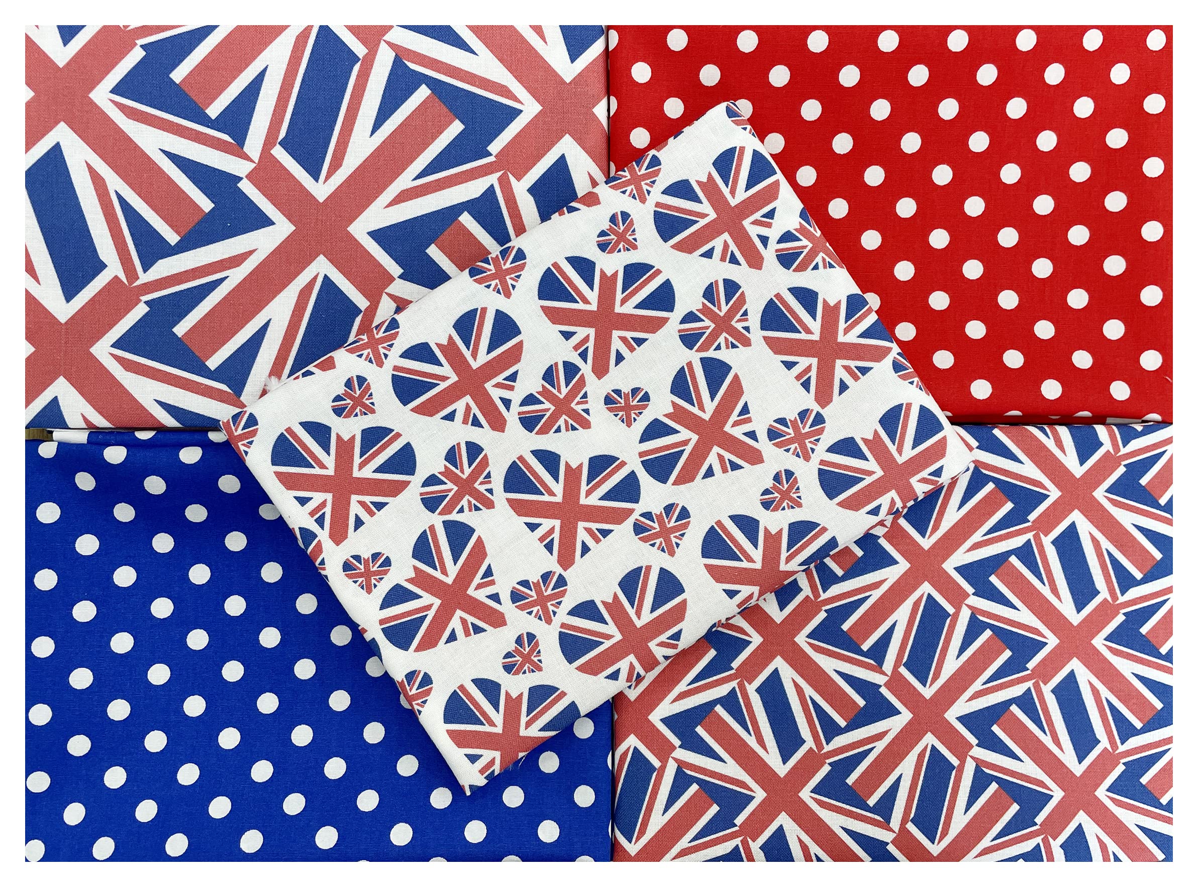 Fat Quarter Bundles - Coronation Union Jack Hearts Red White Royal Blue Bunting Craft Fabric