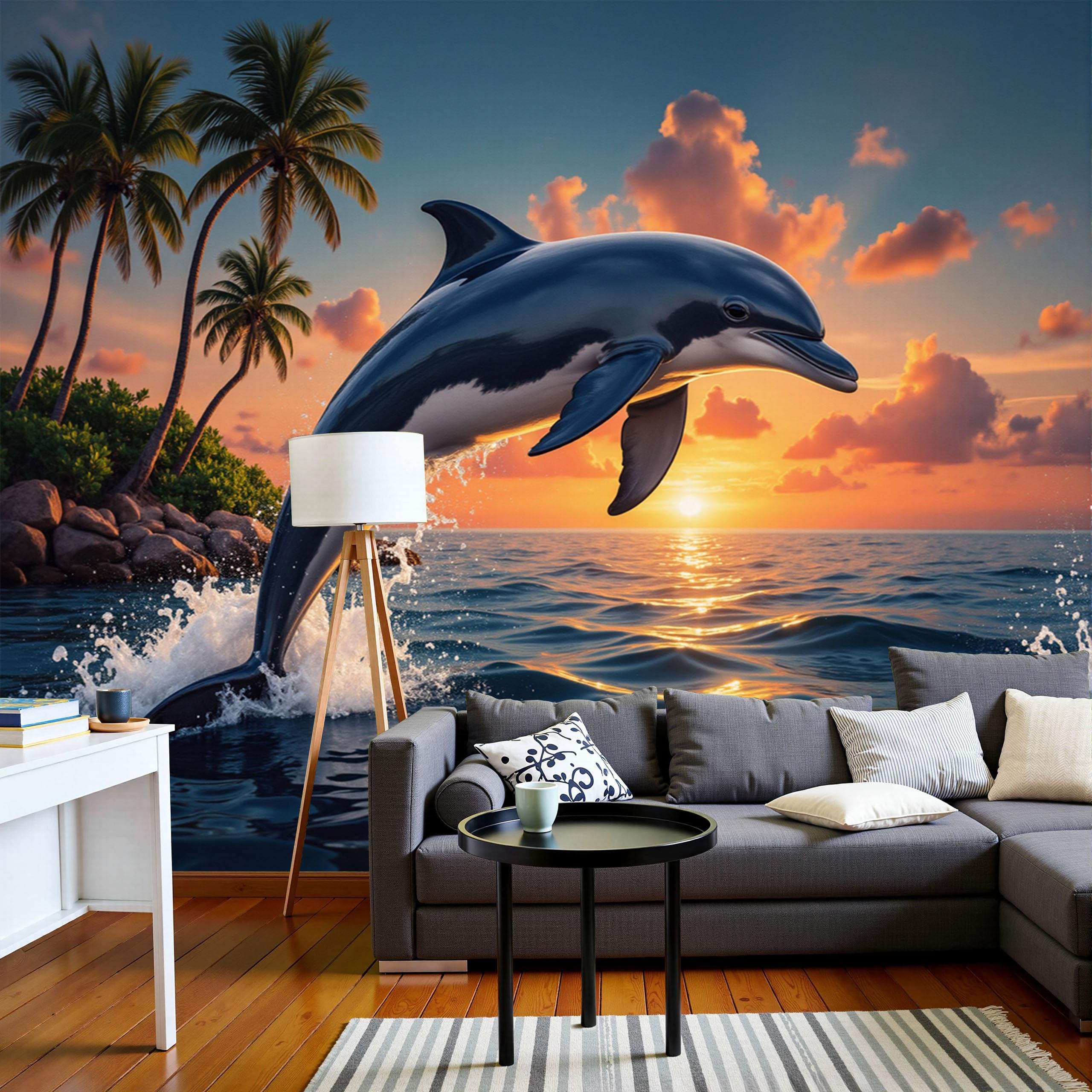 Papier Peint Panoramique Dauphins 250x175 cm | Poster Mural XXL Effet Soie pour Salon