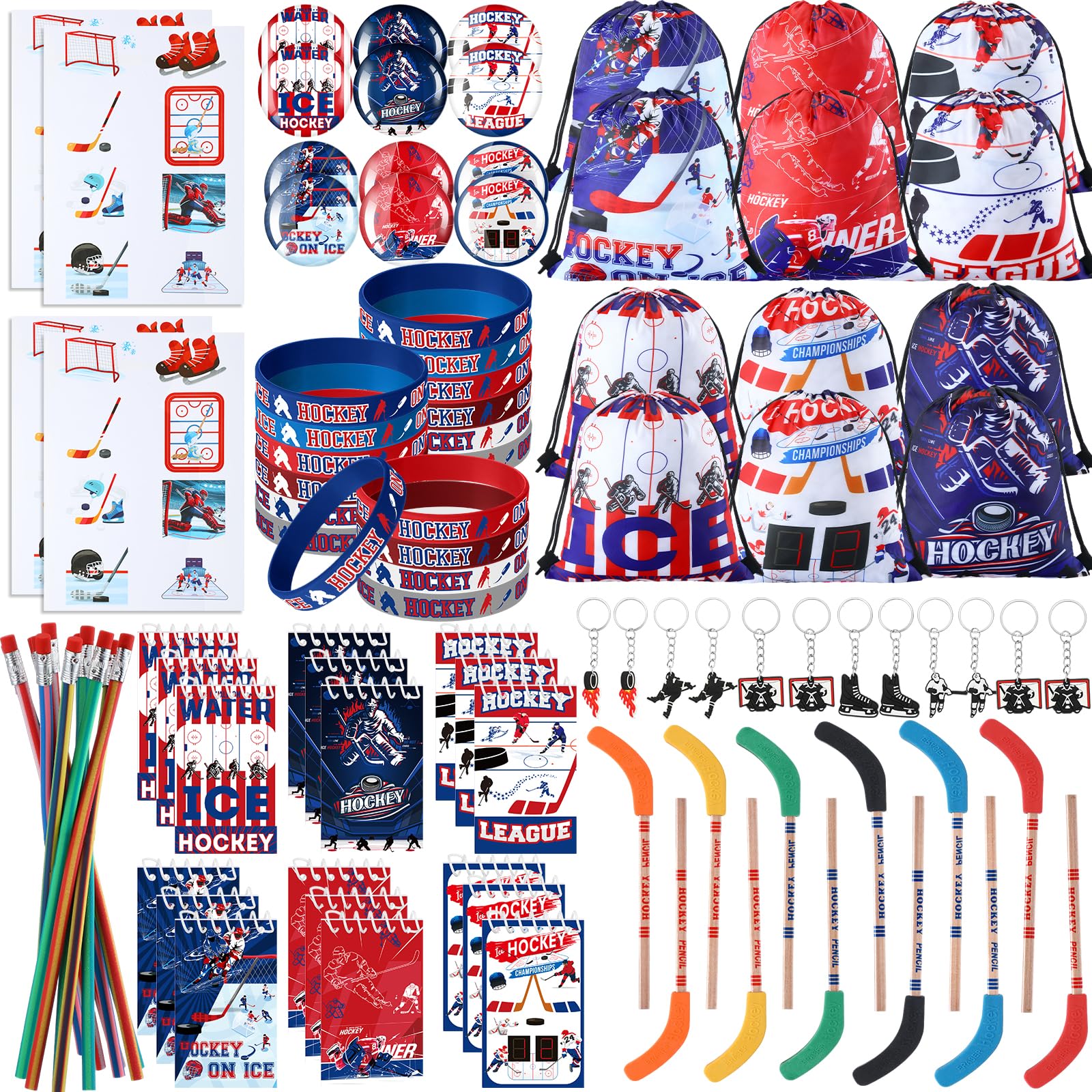 Paterr 102 Pcs Hockey Party Favor Supplies Set Include Hockey Drawstring Bags Silicone Bracelets Badge Buttons Spiral Notebooks Pencils and Erasers