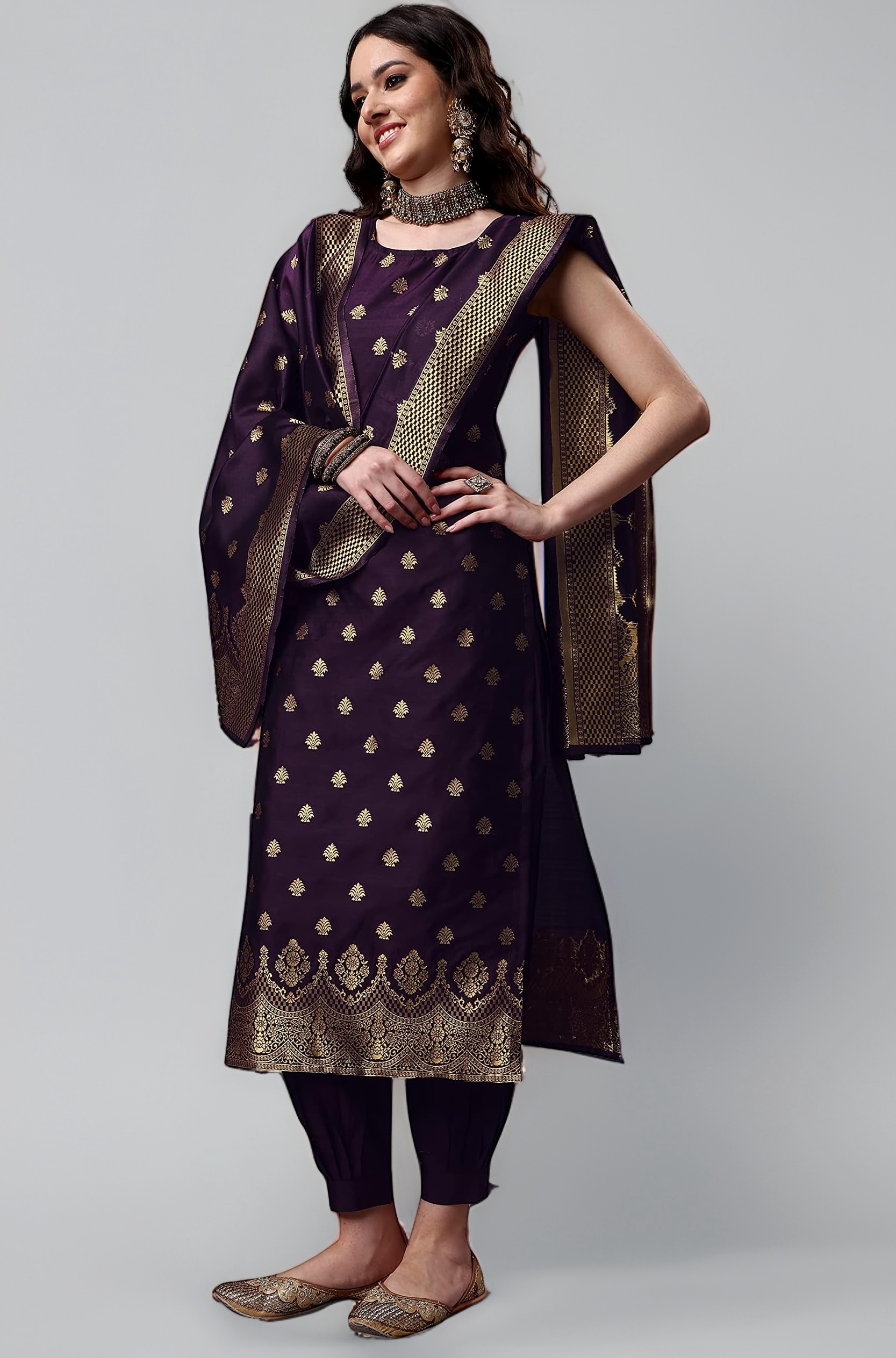 EthnicJunction Women's Embellished Woven Banarasi Silk Straight Sleeveless Kurta Pant with Dupatta Set | Wedding Kurta Set | Ethnic Set