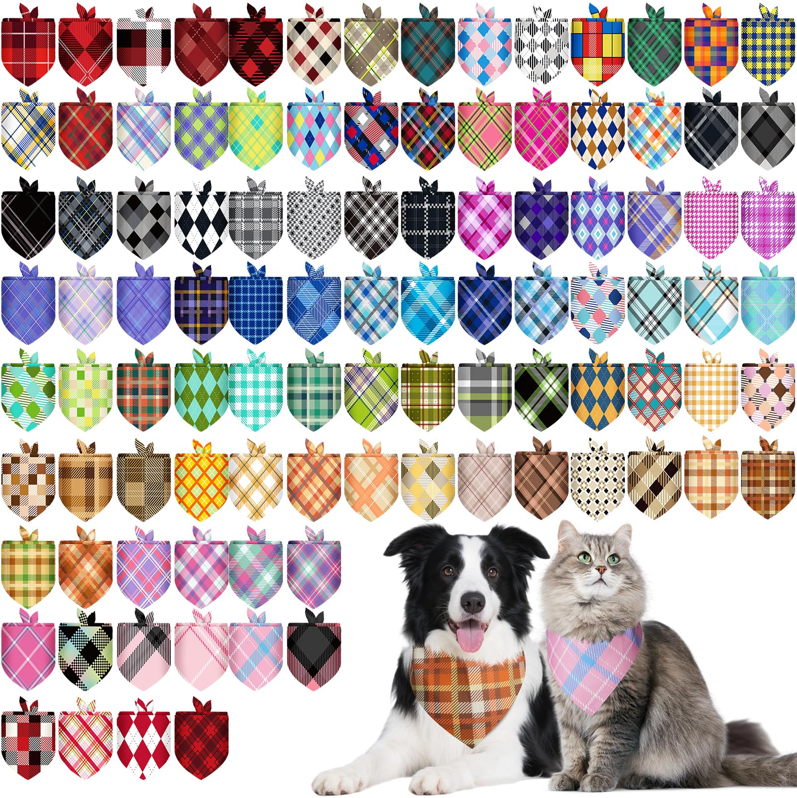 PAWCHIE Lot de 100 bandanas pour chien en vrac avec imprimé à carreaux colorés - Bandana triangulaire pour animaux de compagnie - Style festival pour chiens de petite et grande taille - Décoration de