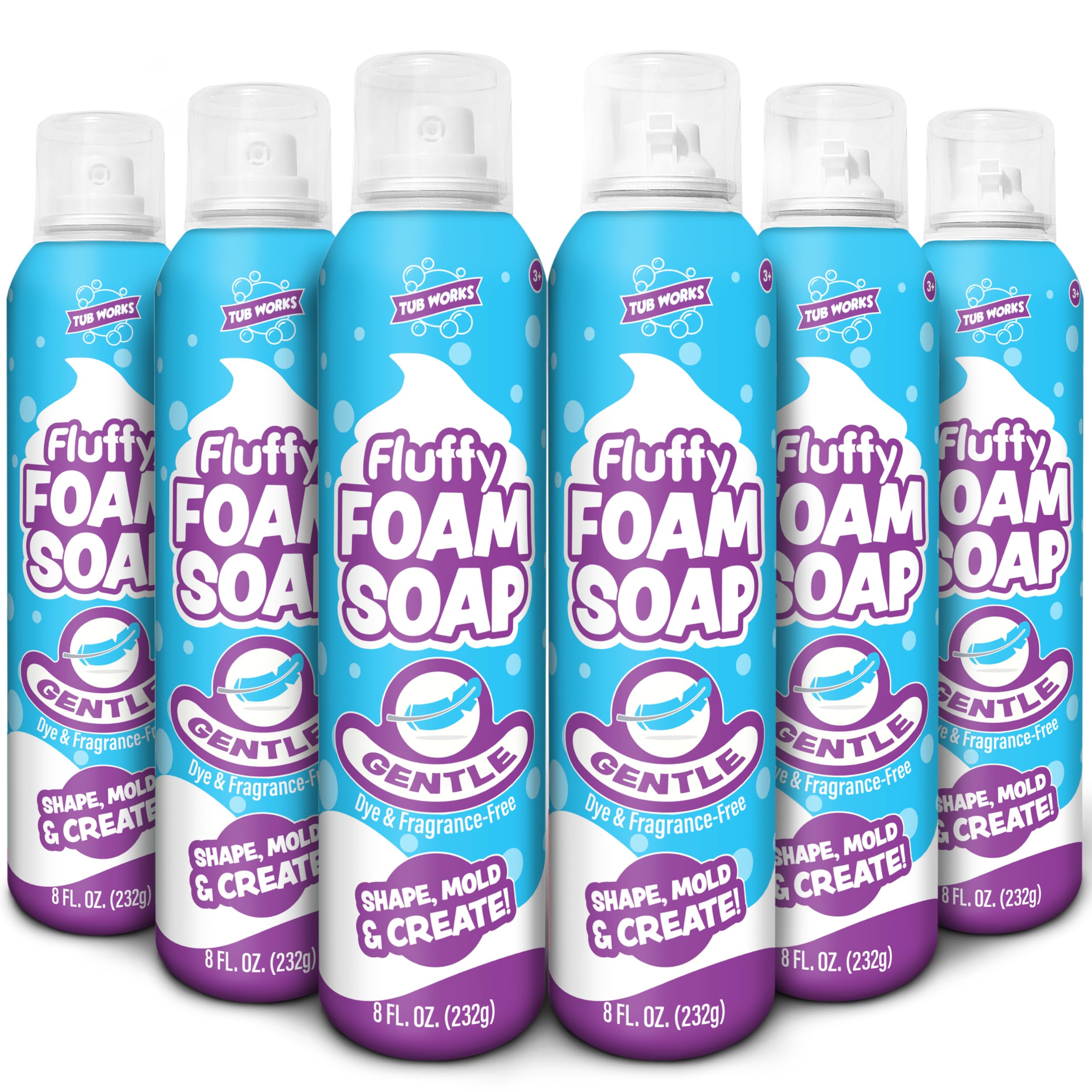 Tub Works™ Fluffy Foam Soap, White, 6 Pack | Shape, Mold &amp; Create Bathtub Art with Soft Bath Foam for Kids | Fragrance-Free &amp; Dye-Free Kids Bath Soap | Easy-to-Use Spray Nozzles