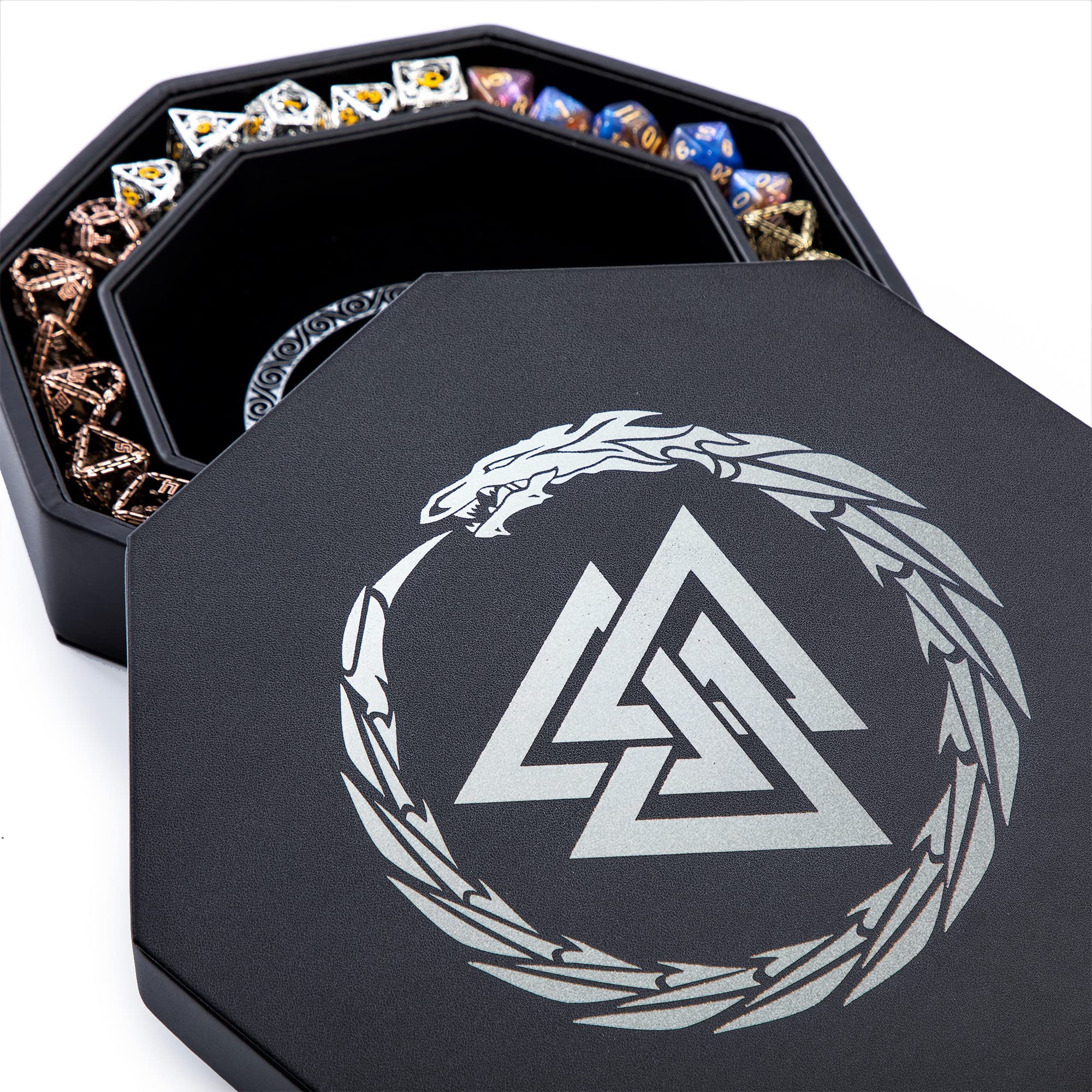 Dice Tray for DND and RPG - Beautiful Valknut and Dragon 8 Inch Rolling Tray Compatible with Dungeons and Dragons and Tabletop RPGs - Box Storage to Protect Dice