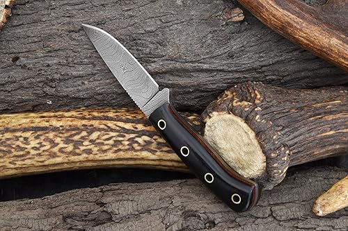 Miniatura 9 de Knives Ranch Cuchillo utilitario EDC hecho a mano de acero de Damasco  Espiga completa  Mango de micarta de arpillera  Funda resistente para