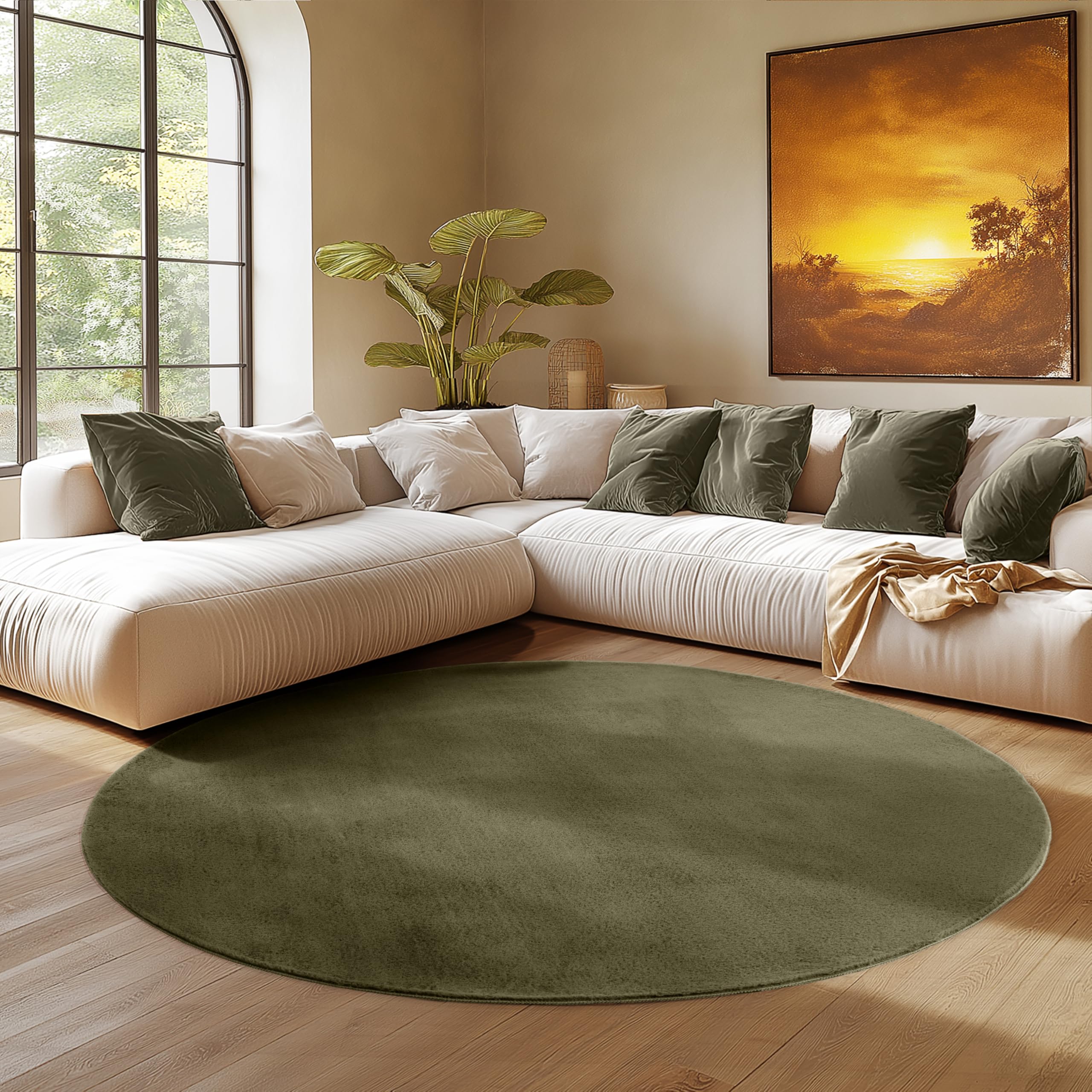 SIMPEX Runder Teppich Grün 200 cm Kurzflor Teppich Waschbar, rund, weich & rutschfest, modern einfarbiges Design für Wohnzimmer, Küche Schlafzimmer, & Kinderzimmer